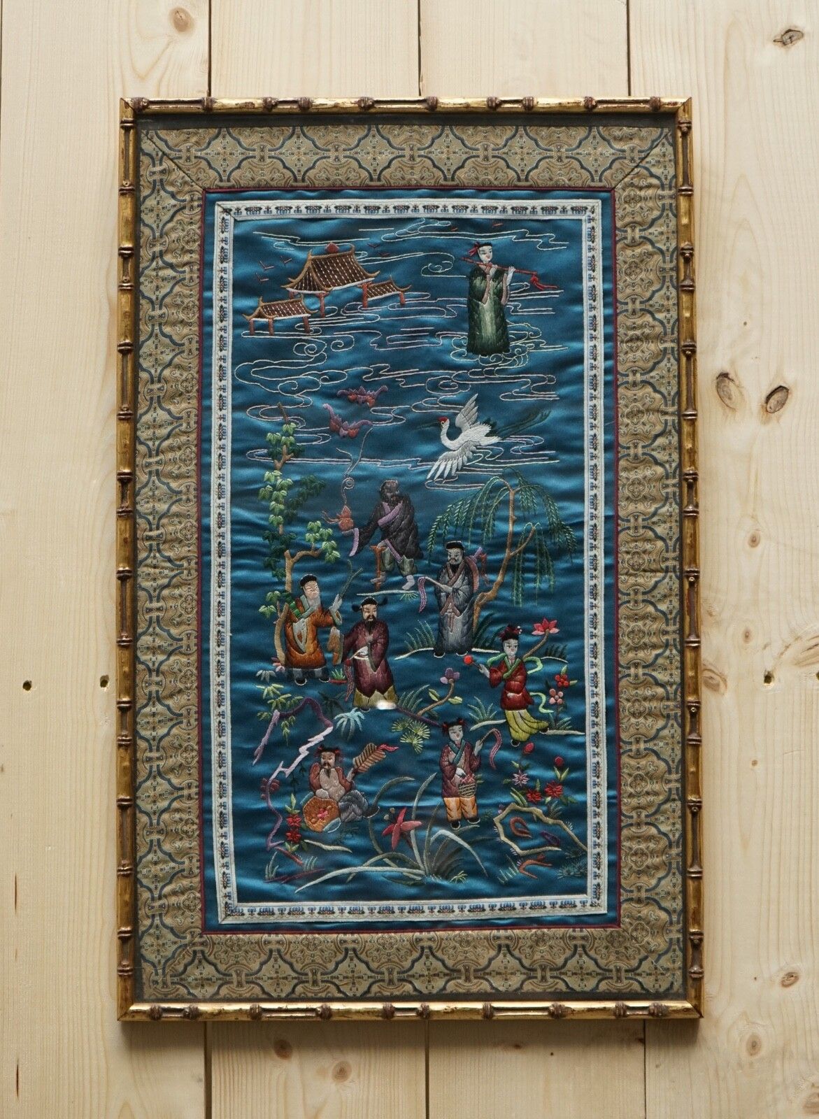 Vintage Chinese Hand Embroidered Silk Tapestry Panel In Faux Gilt Bamboo Frame photo furniture