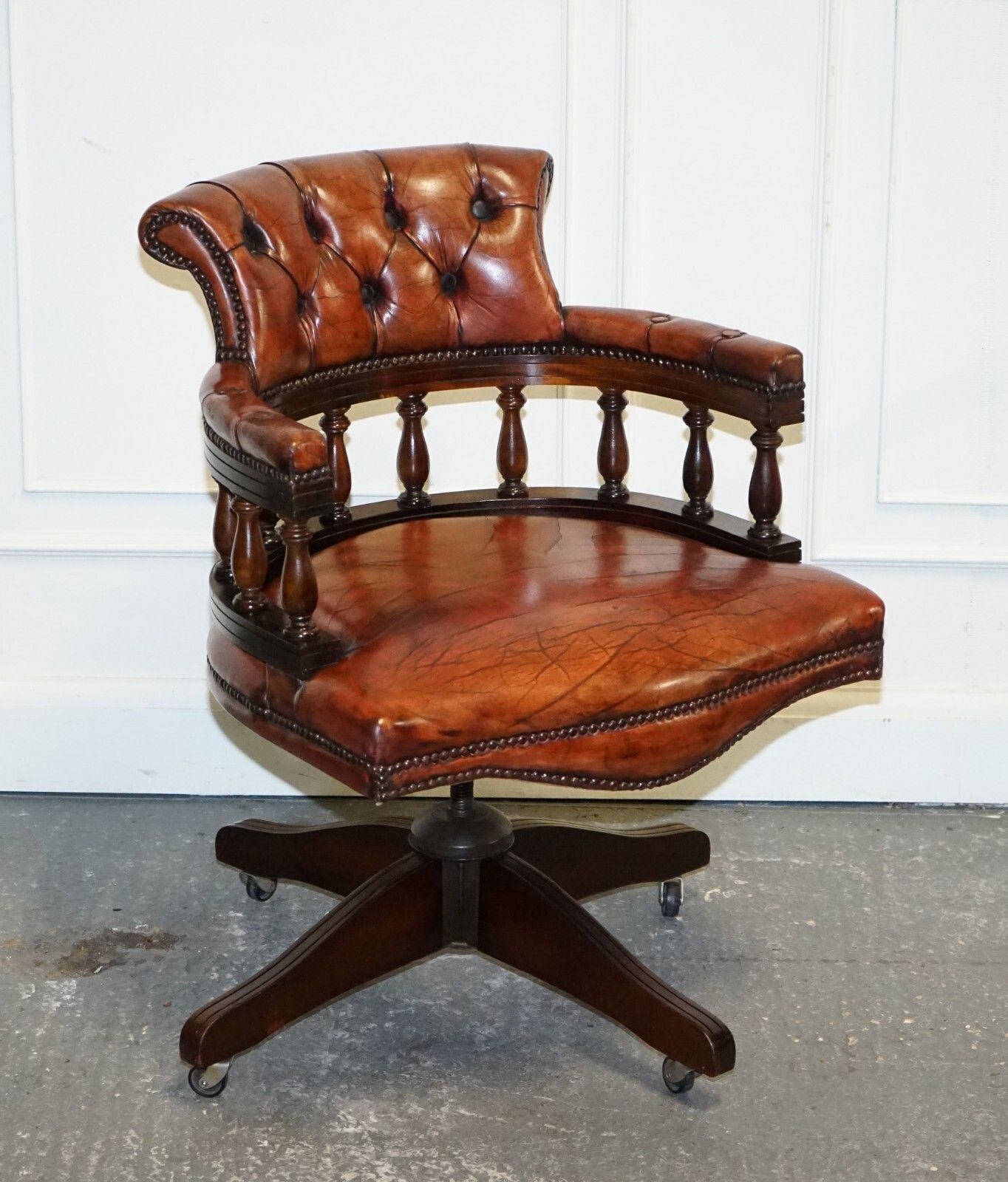Antique Hand Dyed Brown Leather Chesterfield Captains Office Swivel Armchair photo furniture