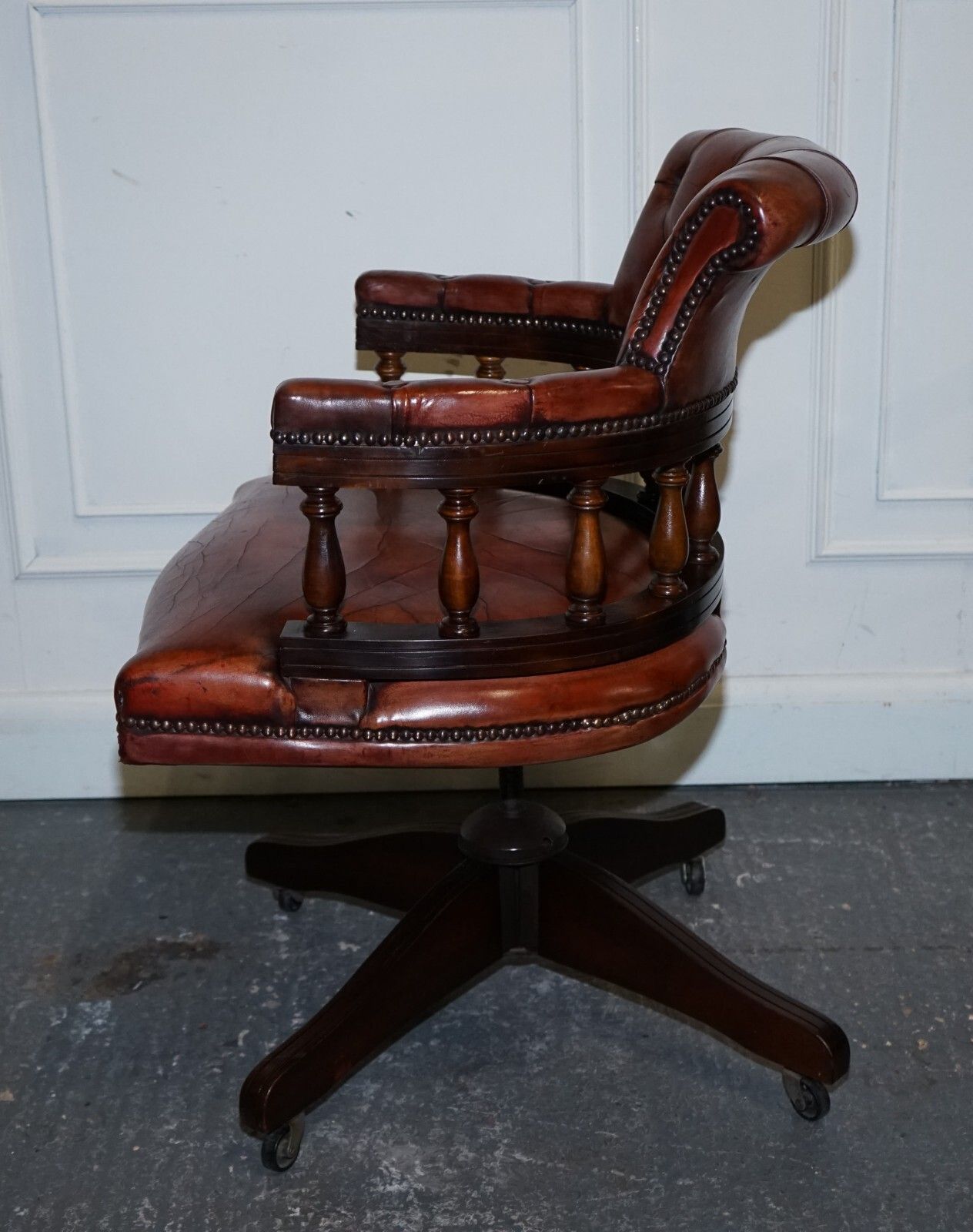 photo buy Antique Hand Dyed Brown Leather Chesterfield Captains Office Swivel Armchair