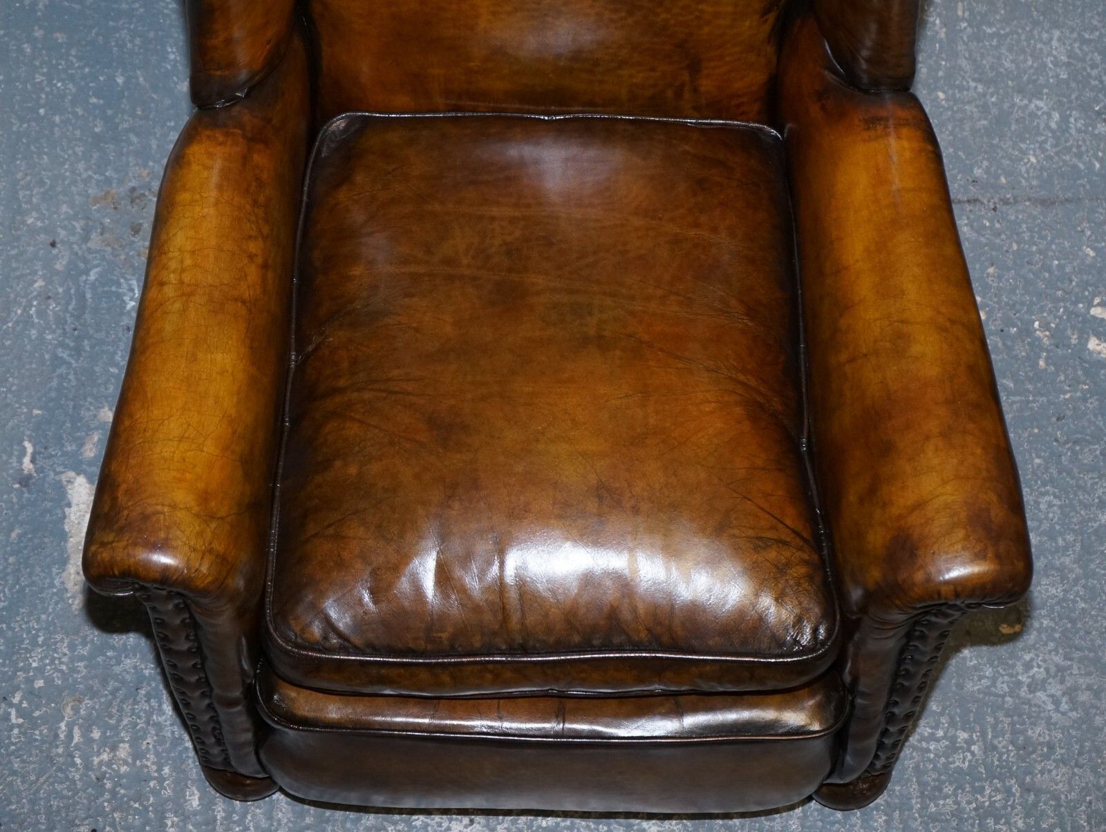 photo for sale Stunning Early Victorian Hand Dyed Brown Leather Reading Lounge Armchair