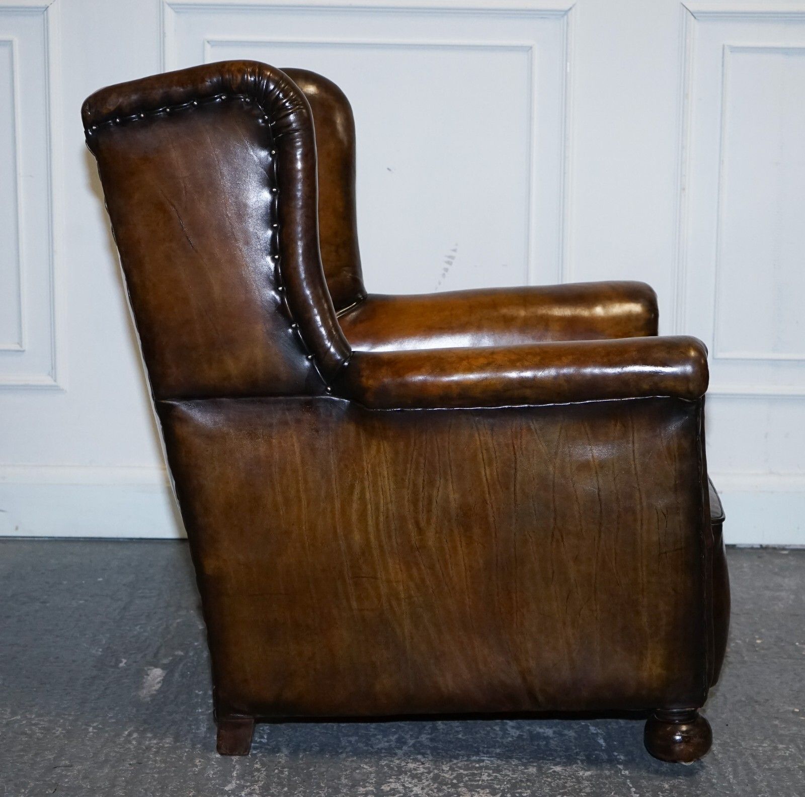 Furniture Stunning Early Victorian Hand Dyed Brown Leather Reading Lounge Armchair photo