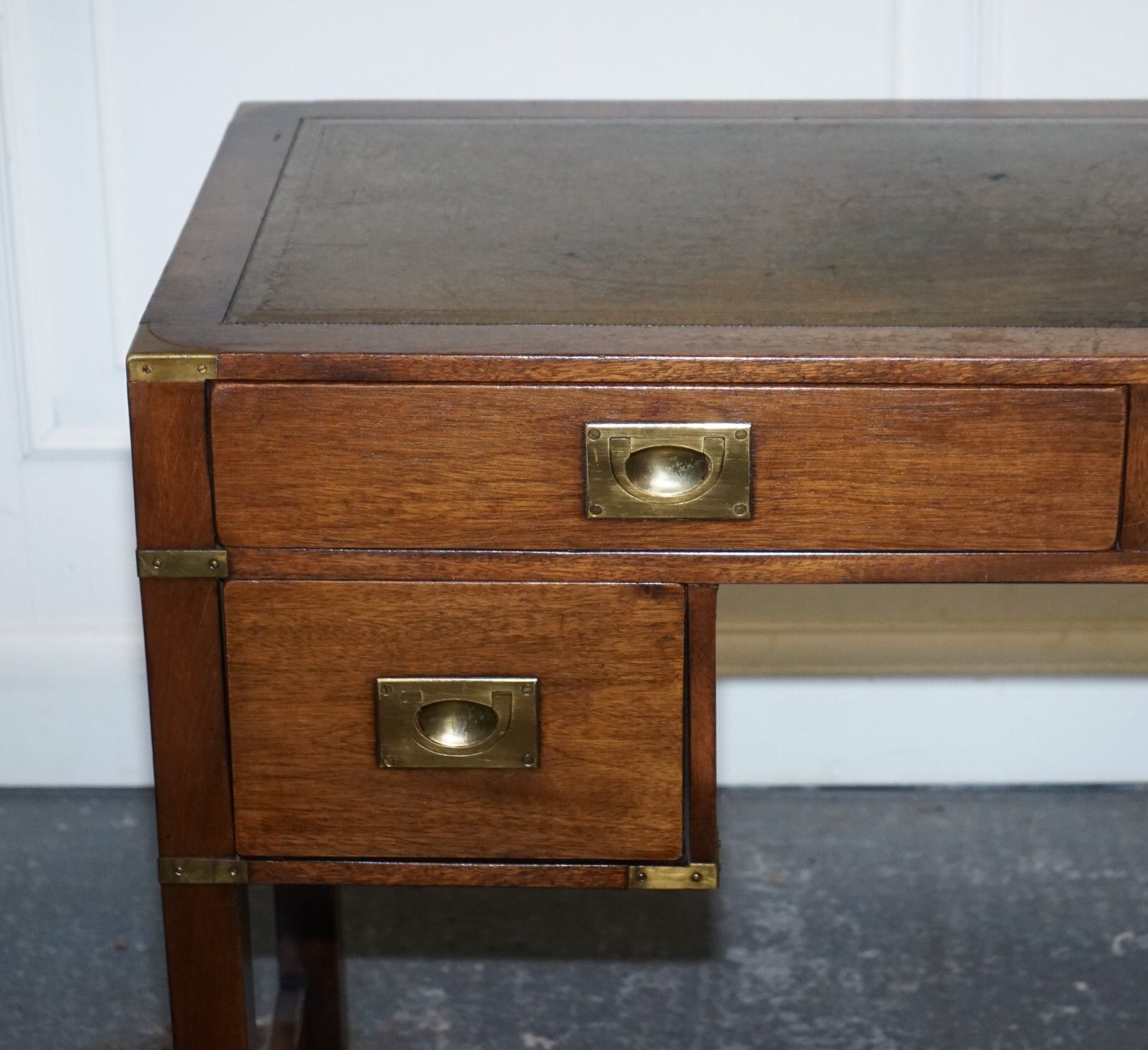 Vintage Harrods London Kennedy Military Campaign Leather Top Writing Table Desk photo vinterior