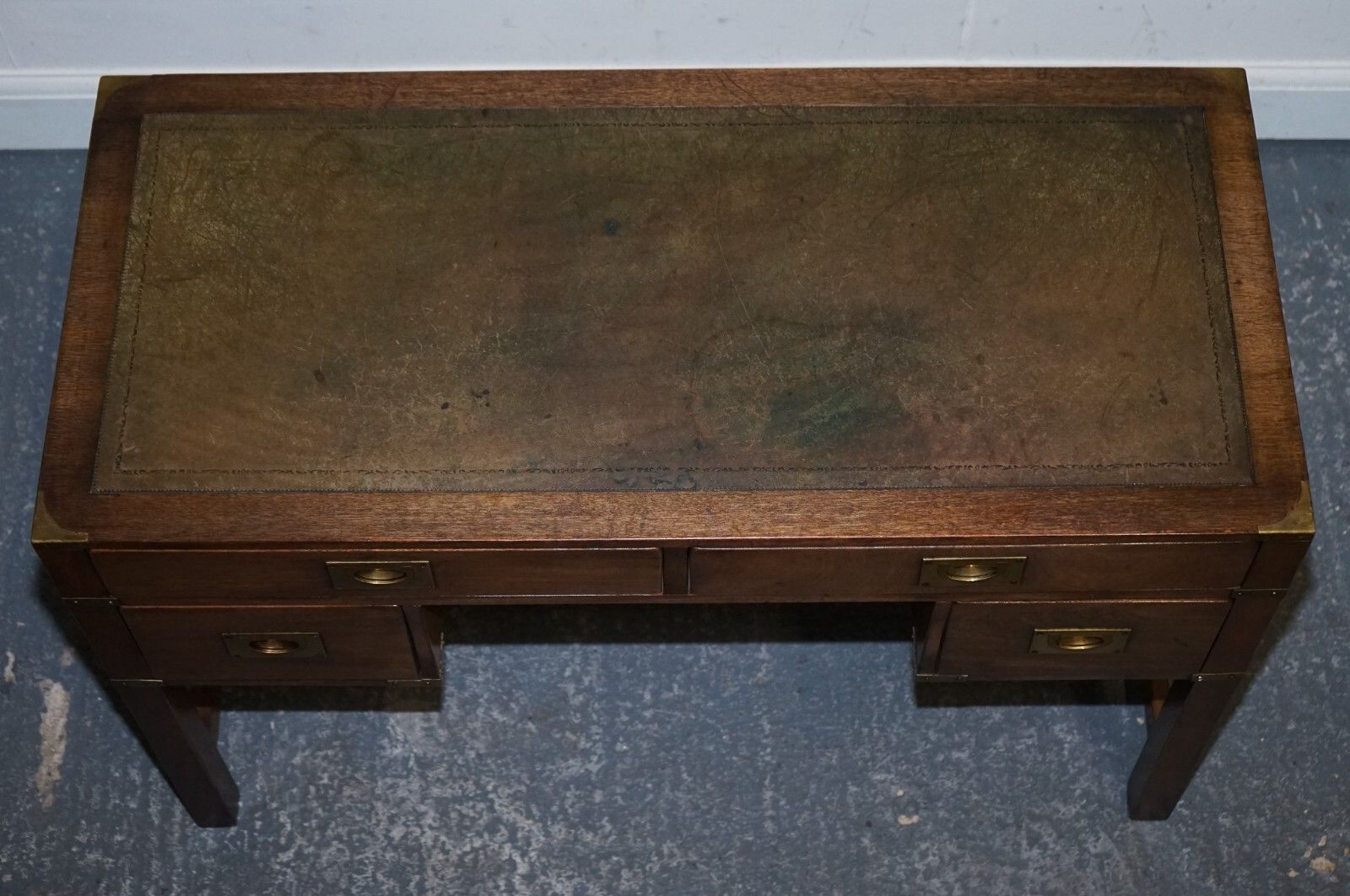 photo buy Vintage Harrods London Kennedy Military Campaign Leather Top Writing Table Desk