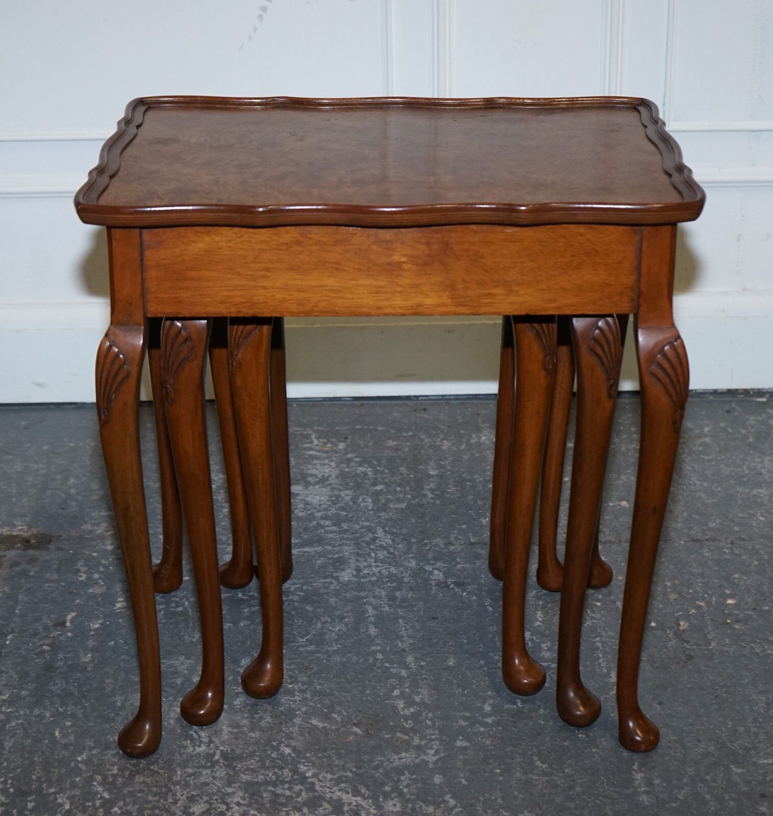 photo furniture 1920 Art Deco Burr Walnut Nest Of Three Tables Queen Anne Legs