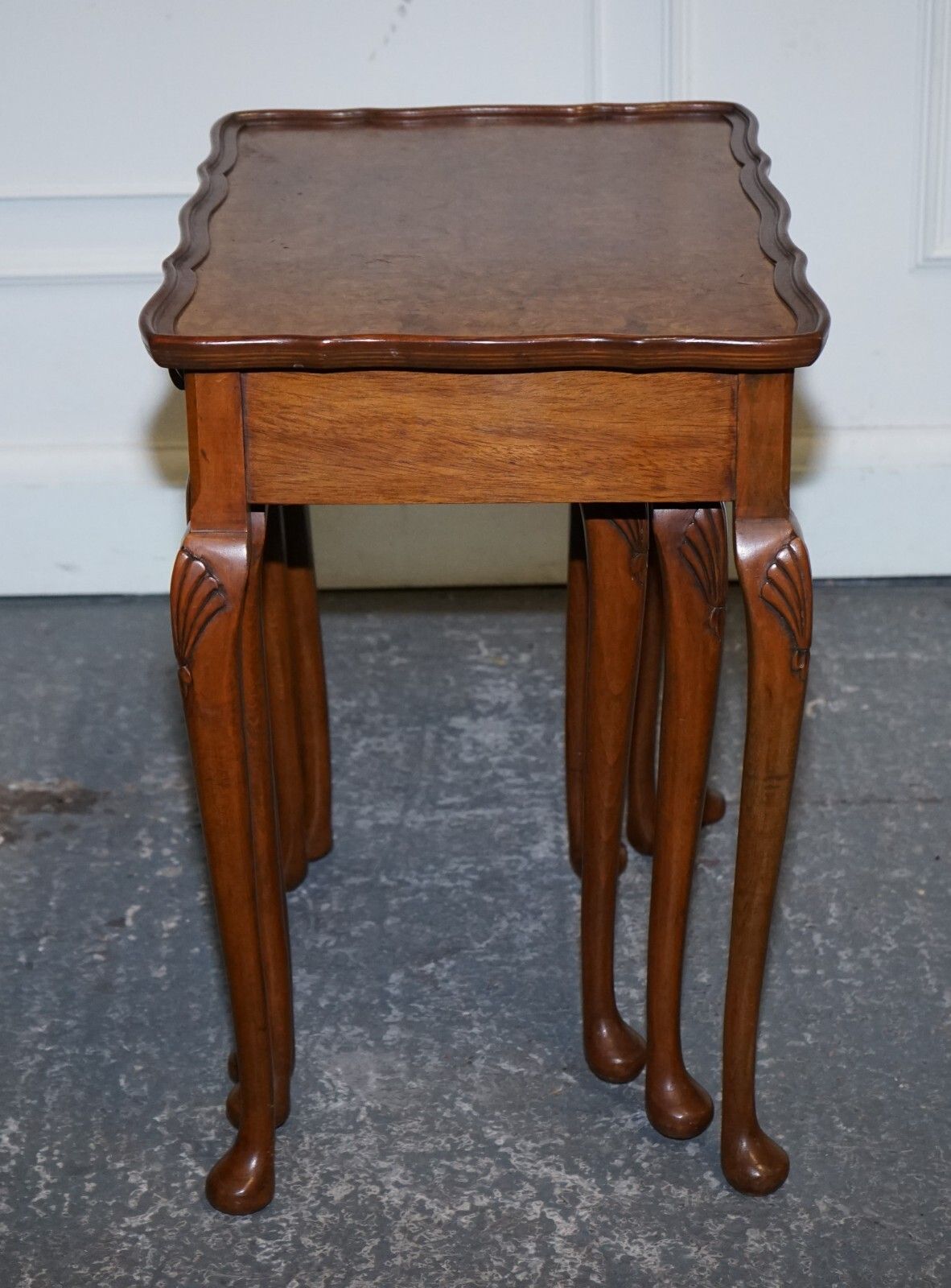 photo for sale 1920 Art Deco Burr Walnut Nest Of Three Tables Queen Anne Legs