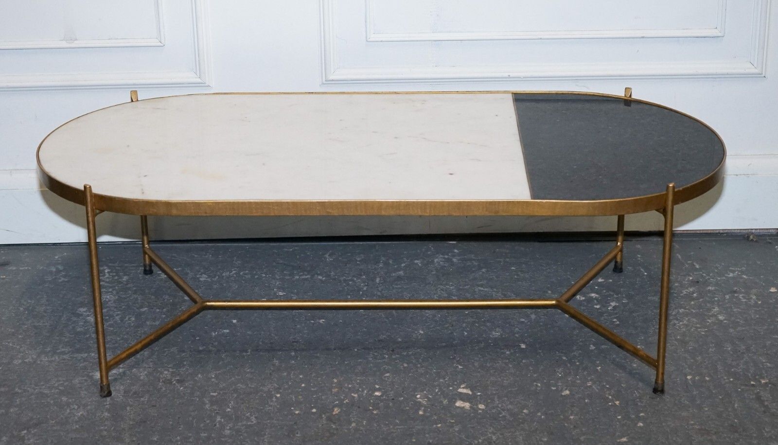 Contemporary Italian Two Tone Marble & Limestone Coffee Table On Metal Gold Legs photo for sale