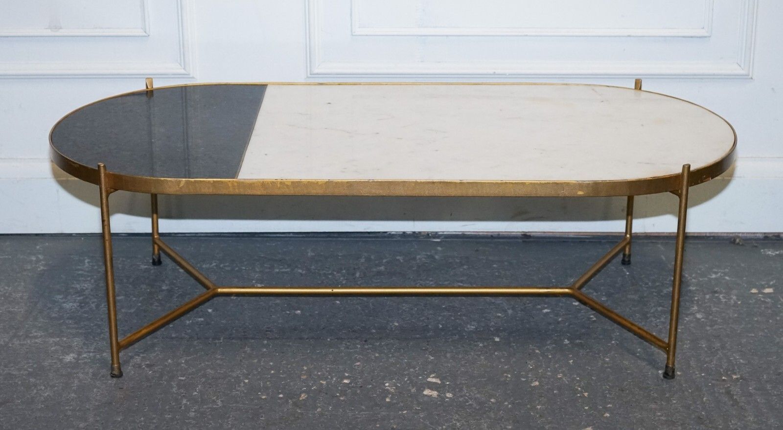 photo furniture Contemporary Italian Two Tone Marble & Limestone Coffee Table On Metal Gold Legs