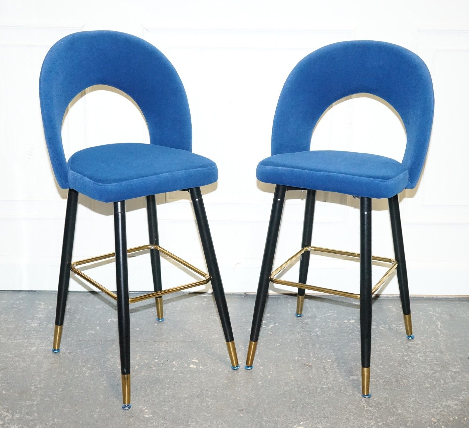 Beautiful Pair Of Blue Velvet Bar Chairs With Gold Detail On The Frame photo furniture
