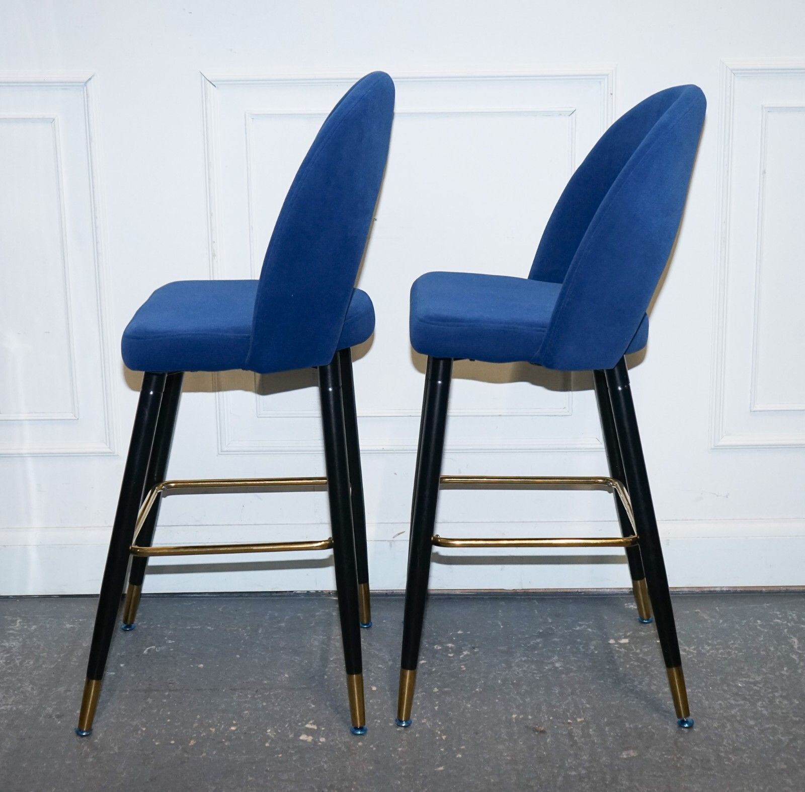 Beautiful Pair Of Blue Velvet Bar Chairs With Gold Detail On The Frame photo Furniture