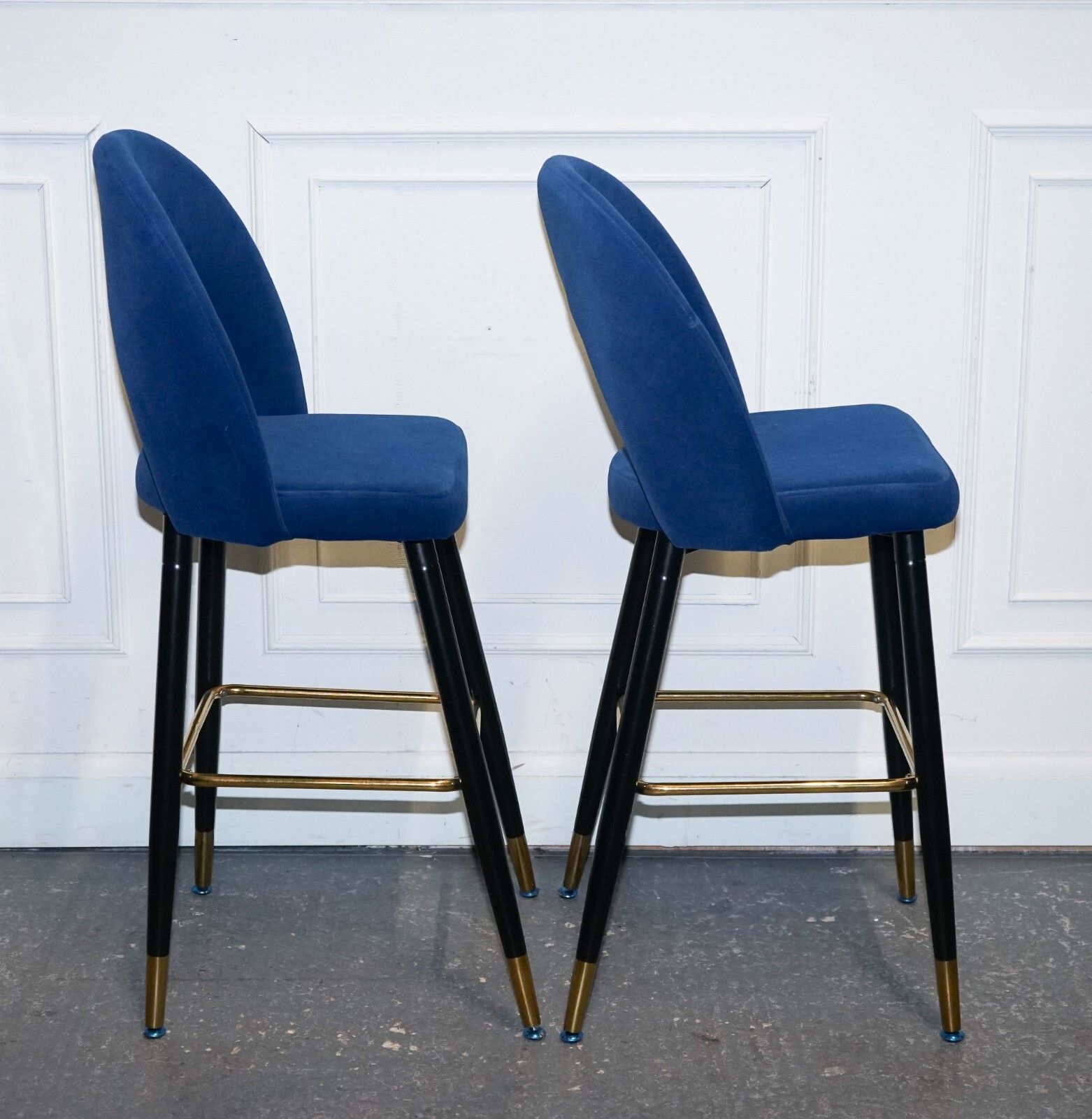 Beautiful Pair Of Blue Velvet Bar Chairs With Gold Detail On The Frame photo vinterior