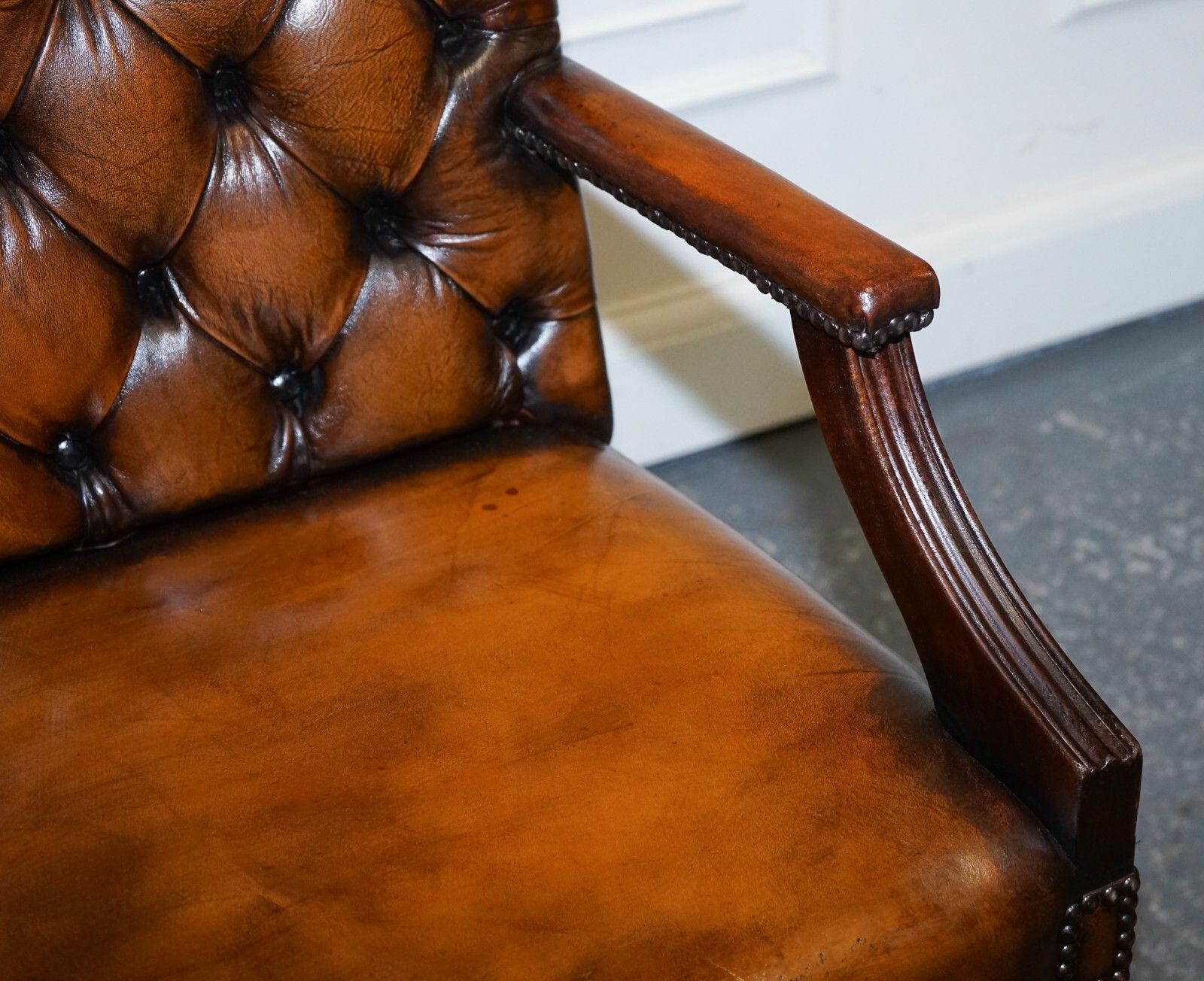 Rare Cigar Brown Leather Chesterfield Directions Conference Leather Chair photo vinterior