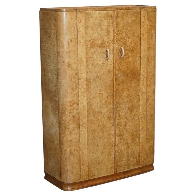 Beautiful Art Deco Blonde Walnut Double Door Wardrobe Armoire