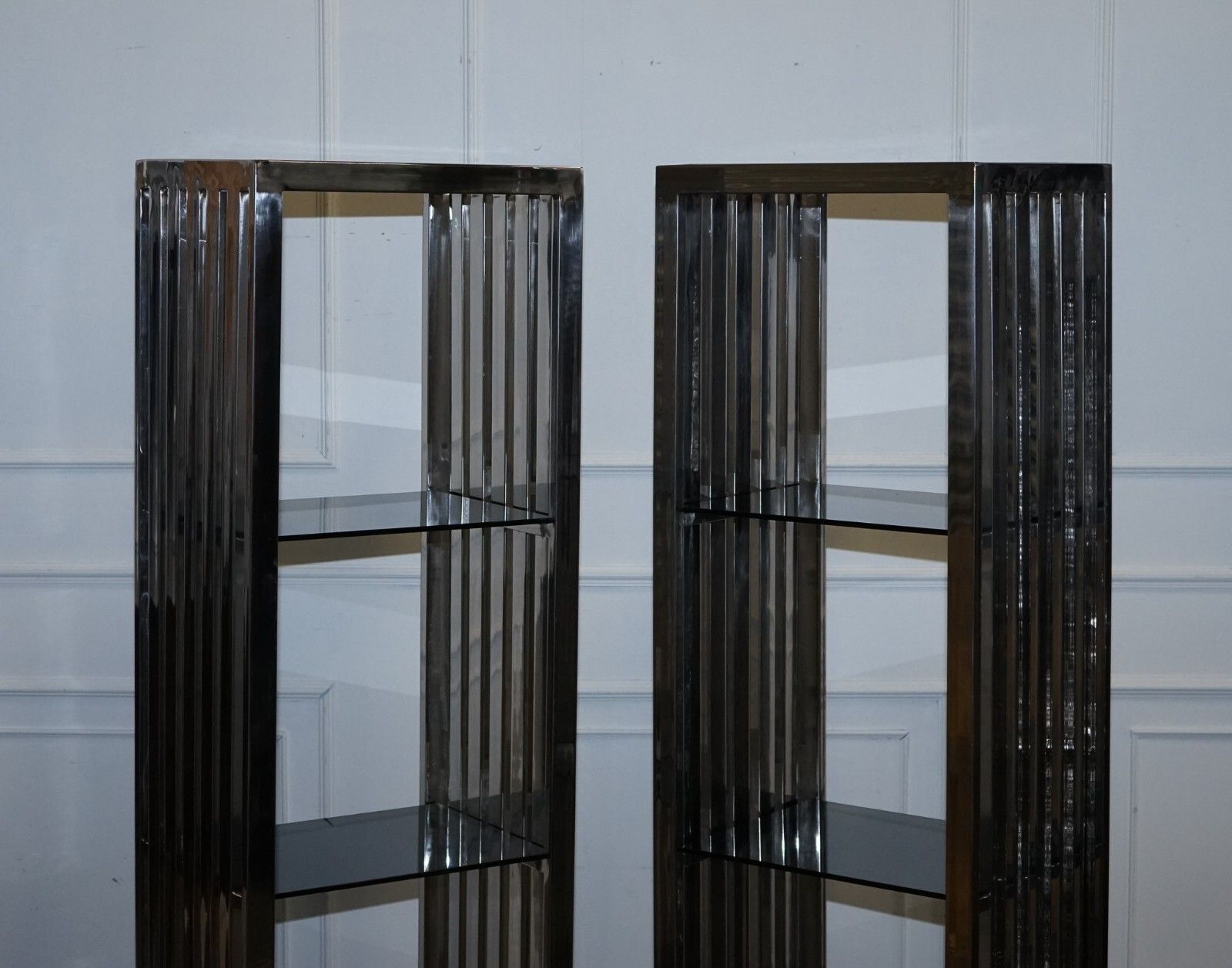 Stunning Casa Padrino Stainless Steel Pair Of Bookcases And Smoked Glass Shelfs photo furniture