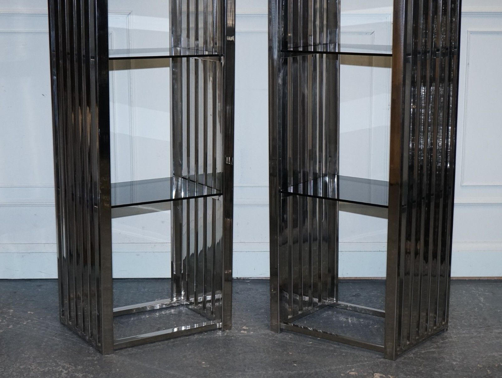Stunning Casa Padrino Stainless Steel Pair Of Bookcases And Smoked Glass Shelfs photo Furniture
