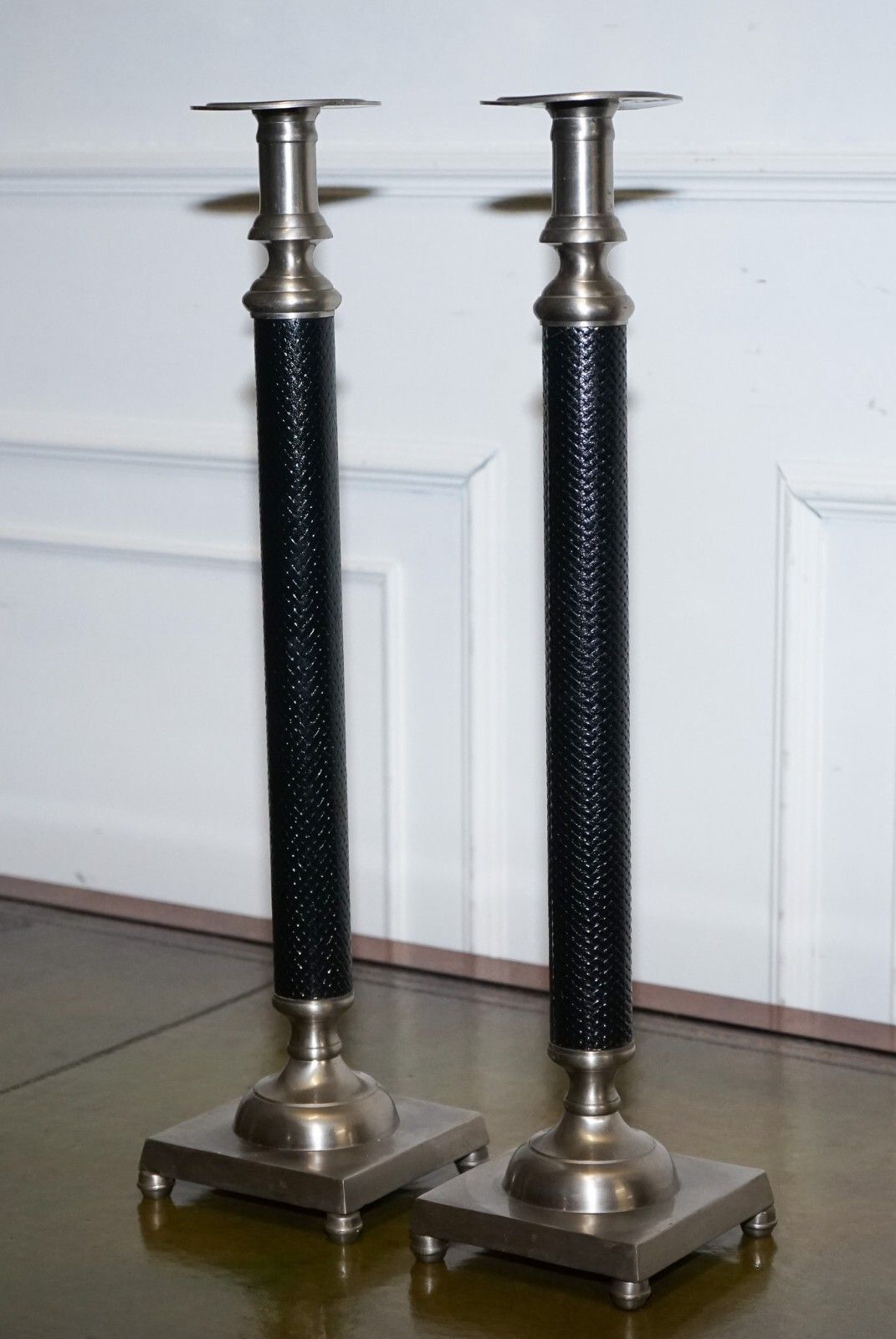 Pair Of Silver Stainless Steel & Black Ralph Lauren Style Candleholders photo 250.0