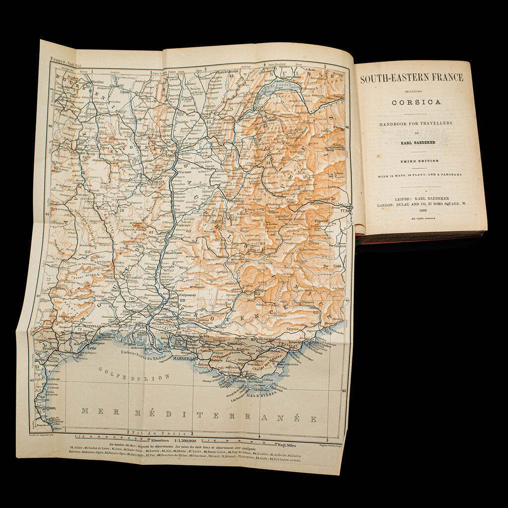 Small Antique Baedeker's South Eastern France Guide Book, Victorian, Travel Maps photo Home Decor
