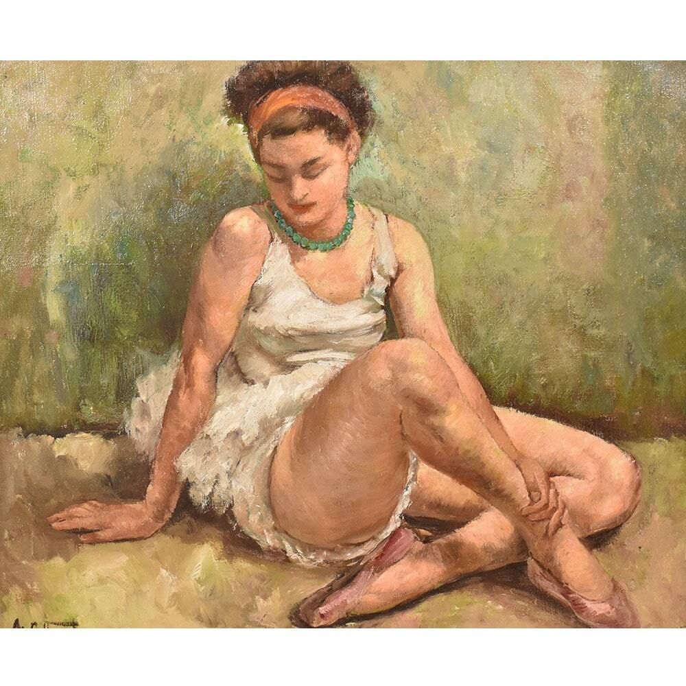 Antique Painting, Beautiful Young Girl, Young Dancer, Portrait Painting, Oil Painting On Canvas, Art Deco, XX Century. (Qr496) photo furniture