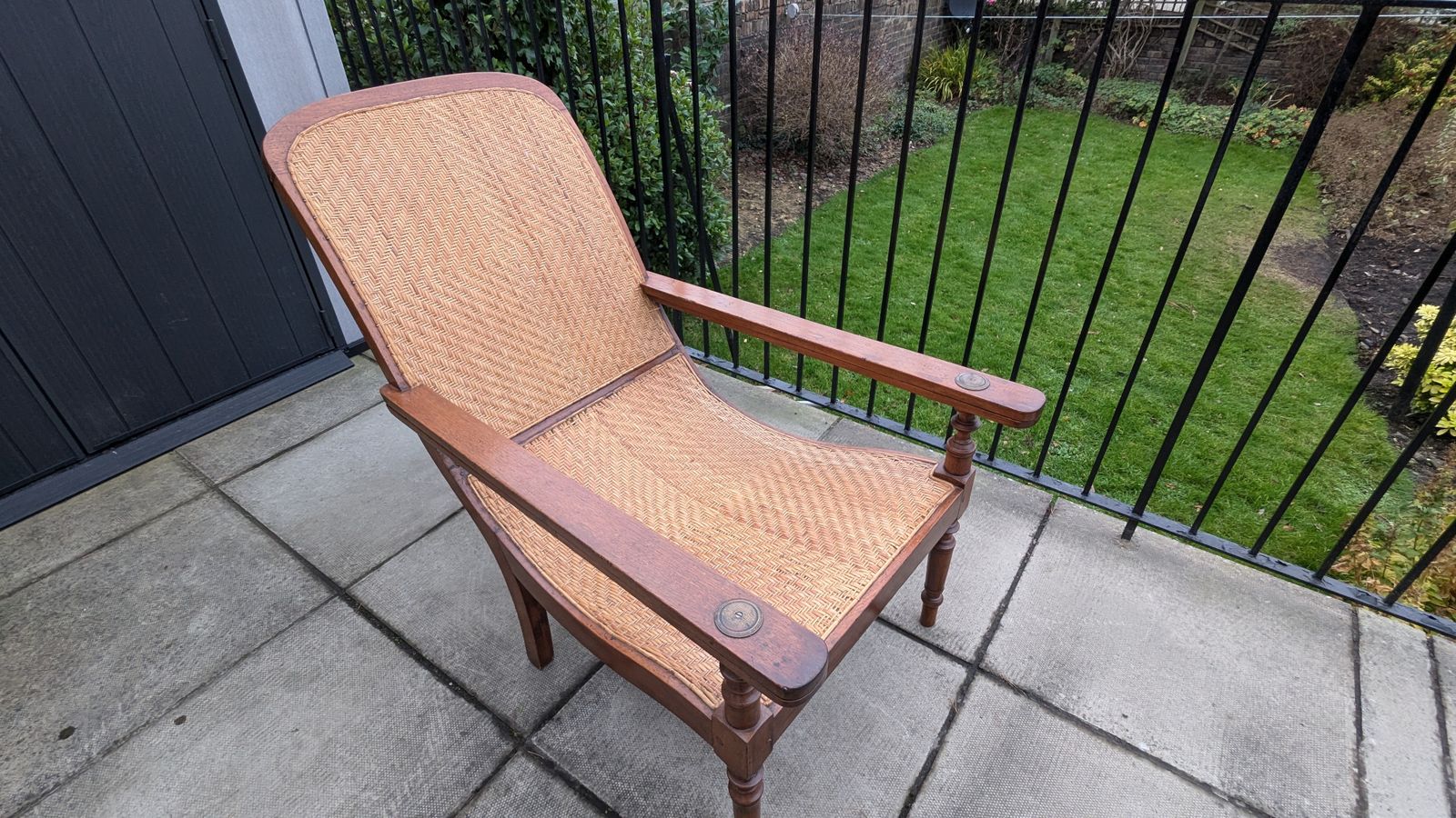 Antique Indian Teak Rattan Colonial Planter's Plantation Lounge Chair