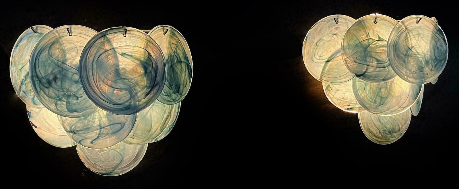Elegant Pair Of Glass Wall Sconces   10 Iridescent Alabaster Blue Discs photo for sale