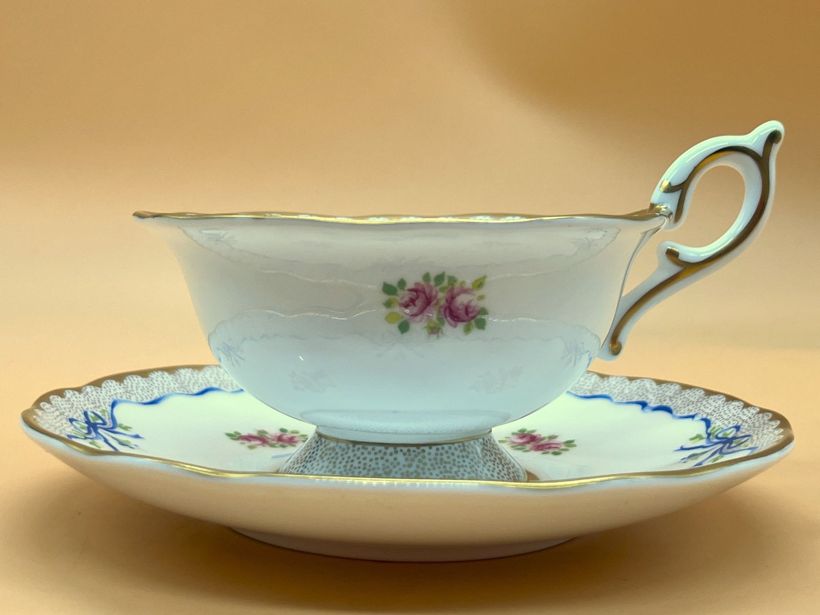 Wedgwood China Harlequin Collection Ribbon And Roses Design Footed Tea Cup And Saucer Duo. photo furniture