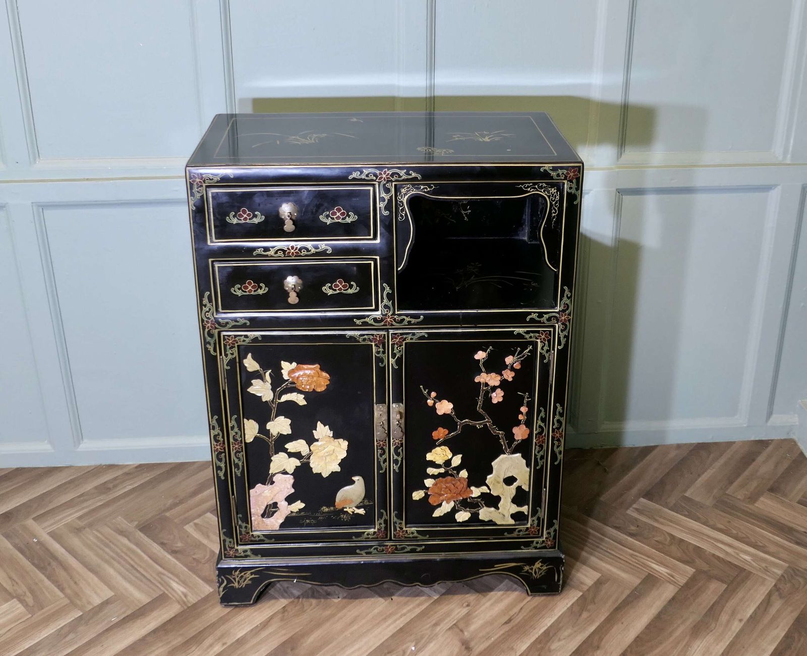 Pretty Black Chinoiserie Cupboard Decorated With Birds And Flowers photo for sale