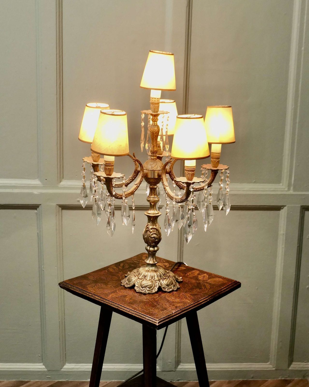 French Brass And Crystal 6 Branch Chandelier Table Lamp, Girandole photo furniture