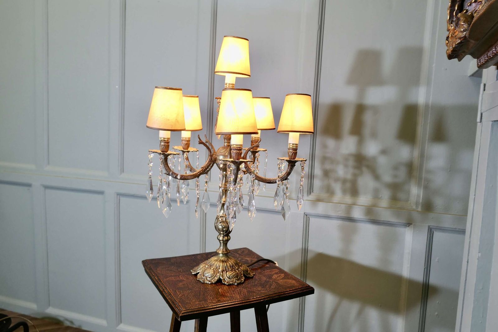 French Brass And Crystal 6 Branch Chandelier Table Lamp, Girandole photo Lighting