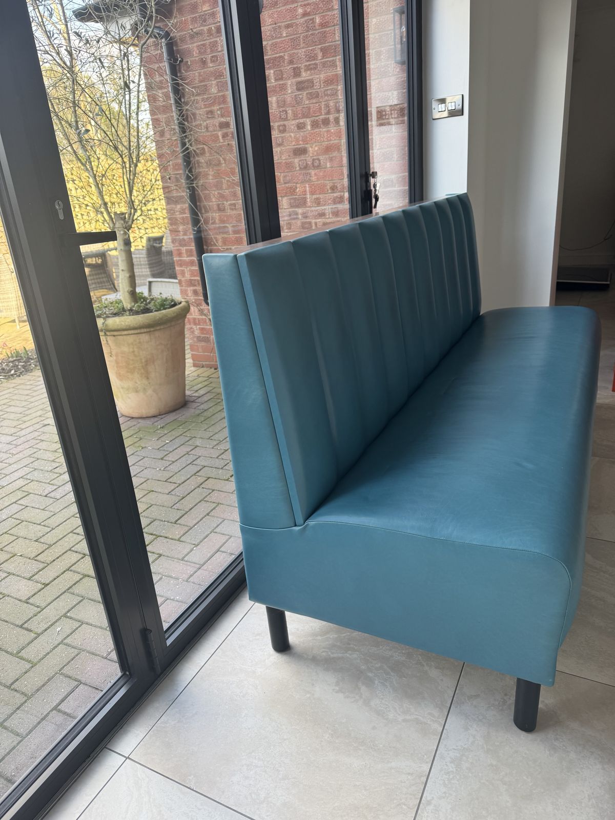 Retro Leather And Aged Brass Sofa In A Teal Colour Bought Originally From House Curious photo vinterior