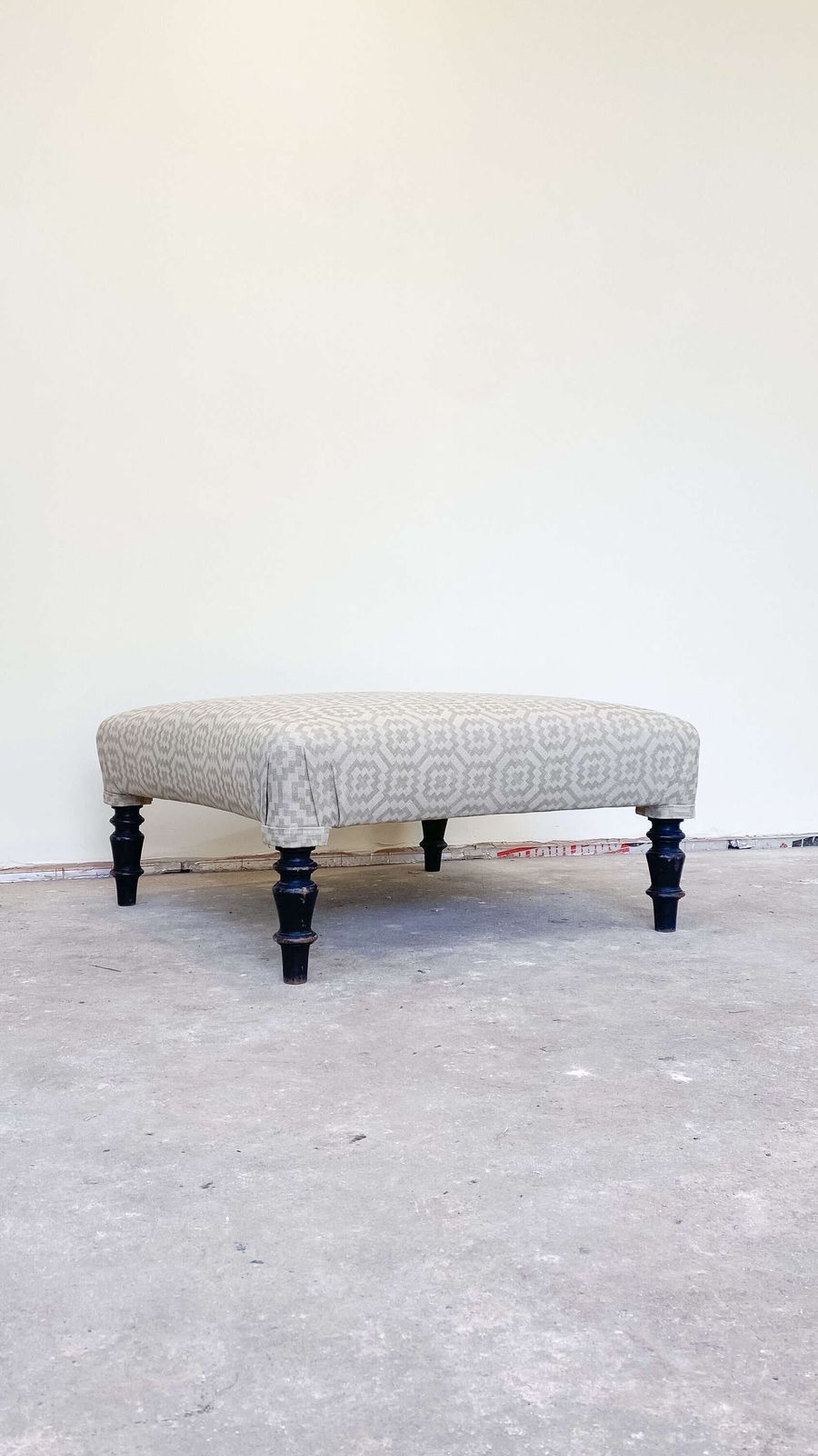 French Ottoman Footstool | Pouffe In Green Geometric Fabric With Ebonised Legs photo furniture