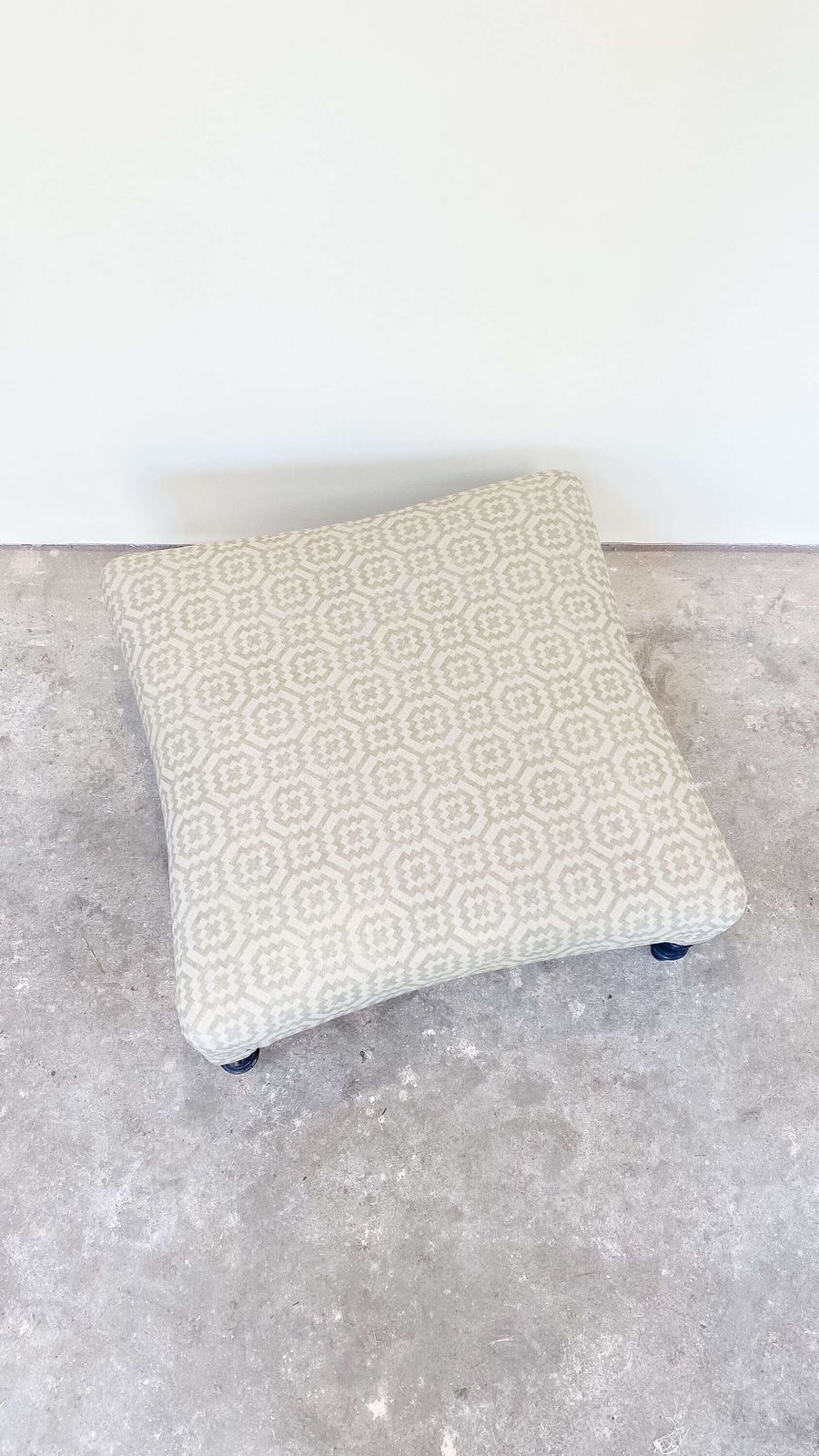 French Ottoman Footstool | Pouffe In Green Geometric Fabric With Ebonised Legs photo vinterior