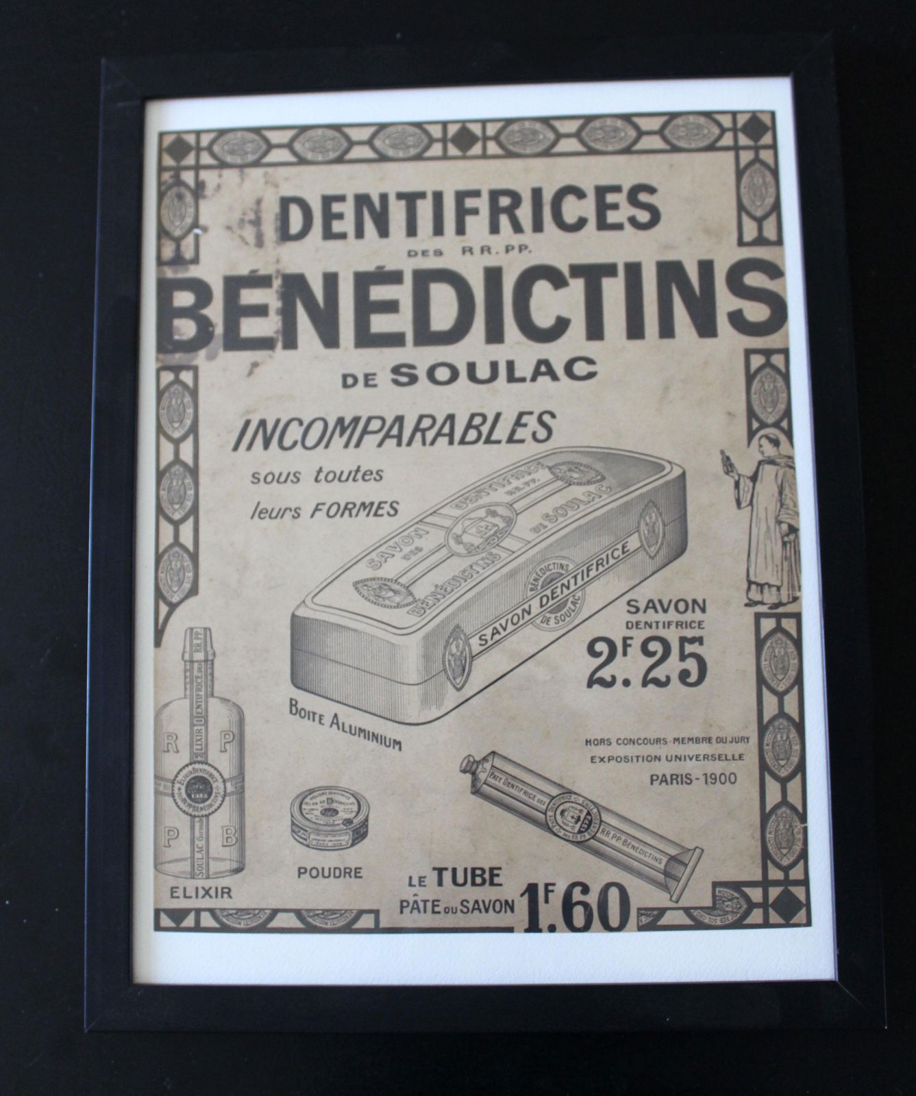 Groot Ingelijst Antiek Frans Tandheelkundig Reclameposter, Dentifrices Des Benedictins Soulac, Franse Abdij Tandpasta, Klooster, Monniken, Zwart photo vintage