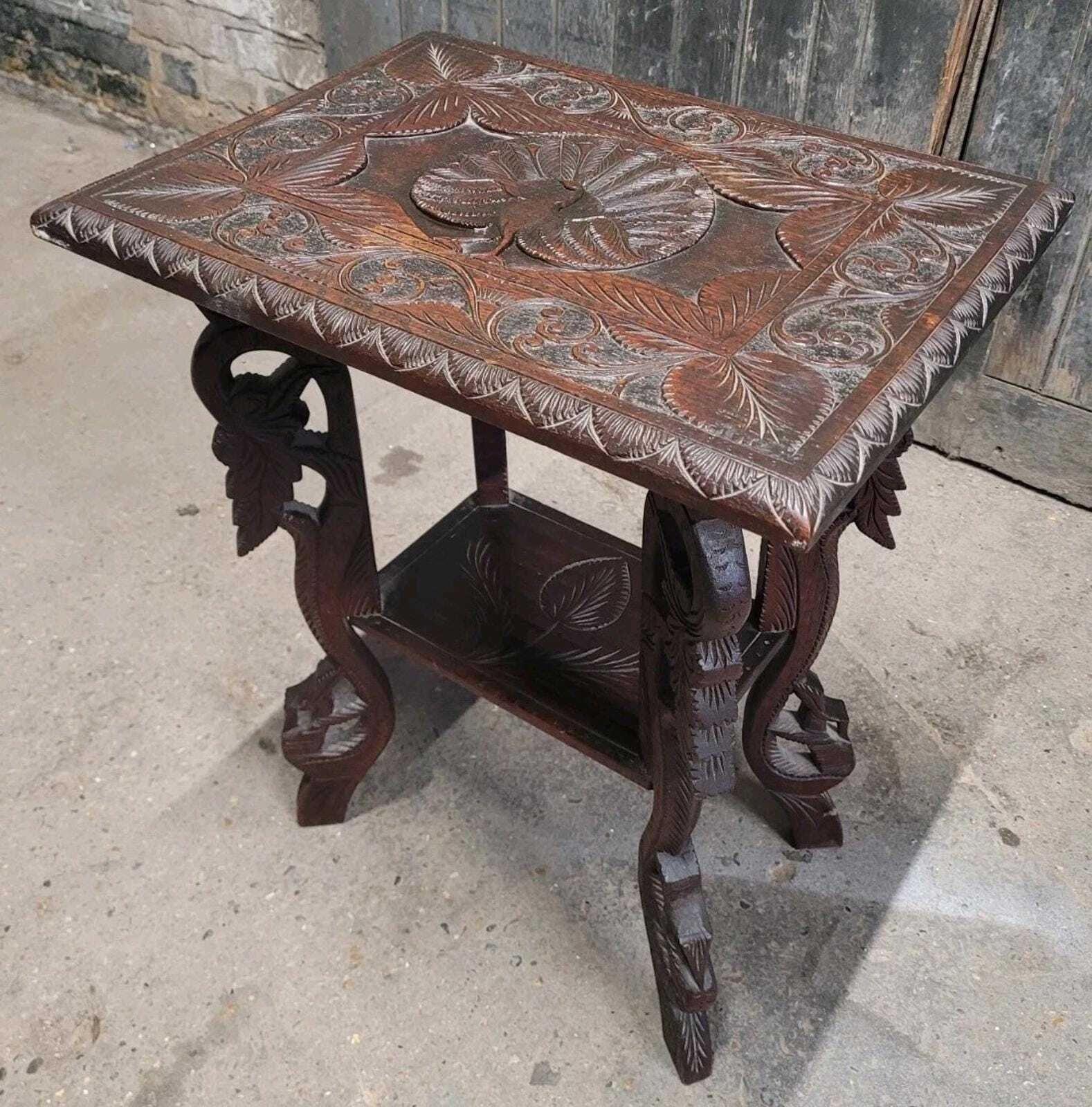 Antique Anglo Indian Carved Hardwood Side Table Hall Table Occasional Table photo vinterior
