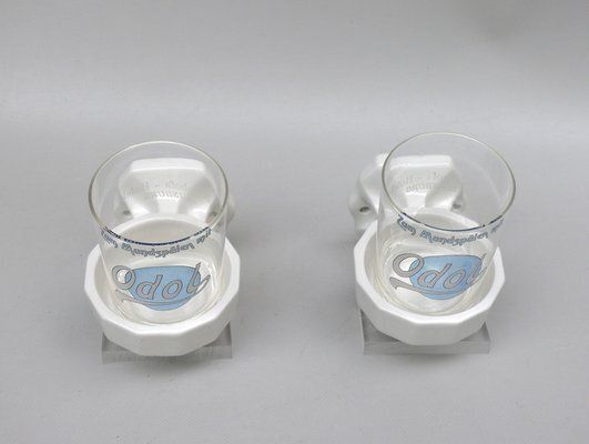 Art Deco Odol Toothpaste Cup With Wall Holders In Ceramic & Glass, 1920s, Set Of 4 photo for sale