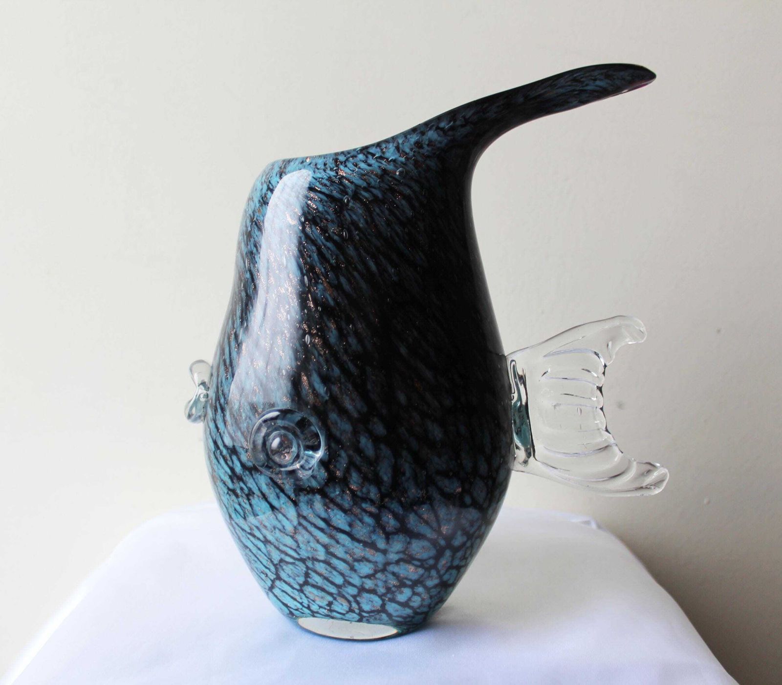 Large Vintage Art Glass Fish Shaped Vase, Fish Glass Sculpture, Aventurine Gold Flakes, Dark Blue, Hand Made, Glass Fish, Flattened Shape photo for sale