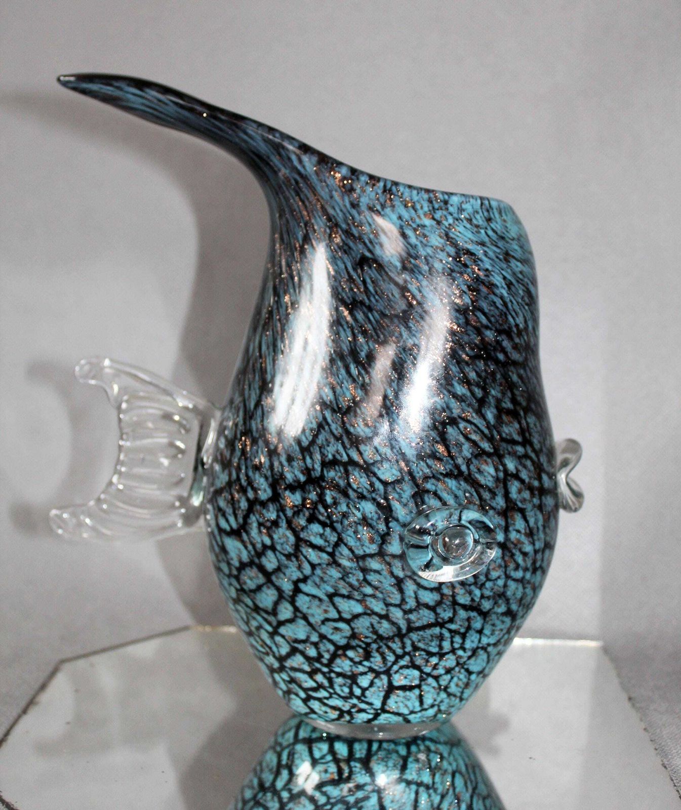Large Vintage Art Glass Fish Shaped Vase, Fish Glass Sculpture, Aventurine Gold Flakes, Dark Blue, Hand Made, Glass Fish, Flattened Shape photo vinterior