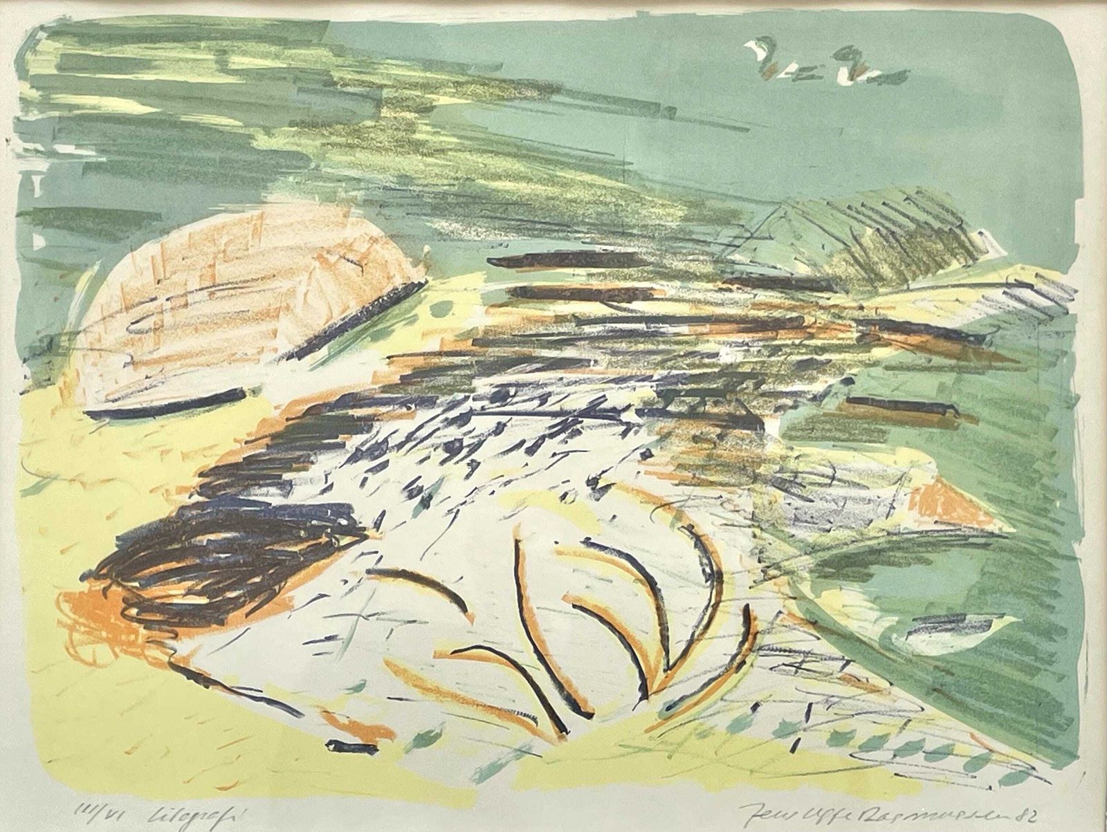 Vintage Danish Lithographic Print From 1982 By Jens Uffe Rasmussen (B. 1948)   Abstract Expressionist Art By Renowned Artist From Denmark photo furniture