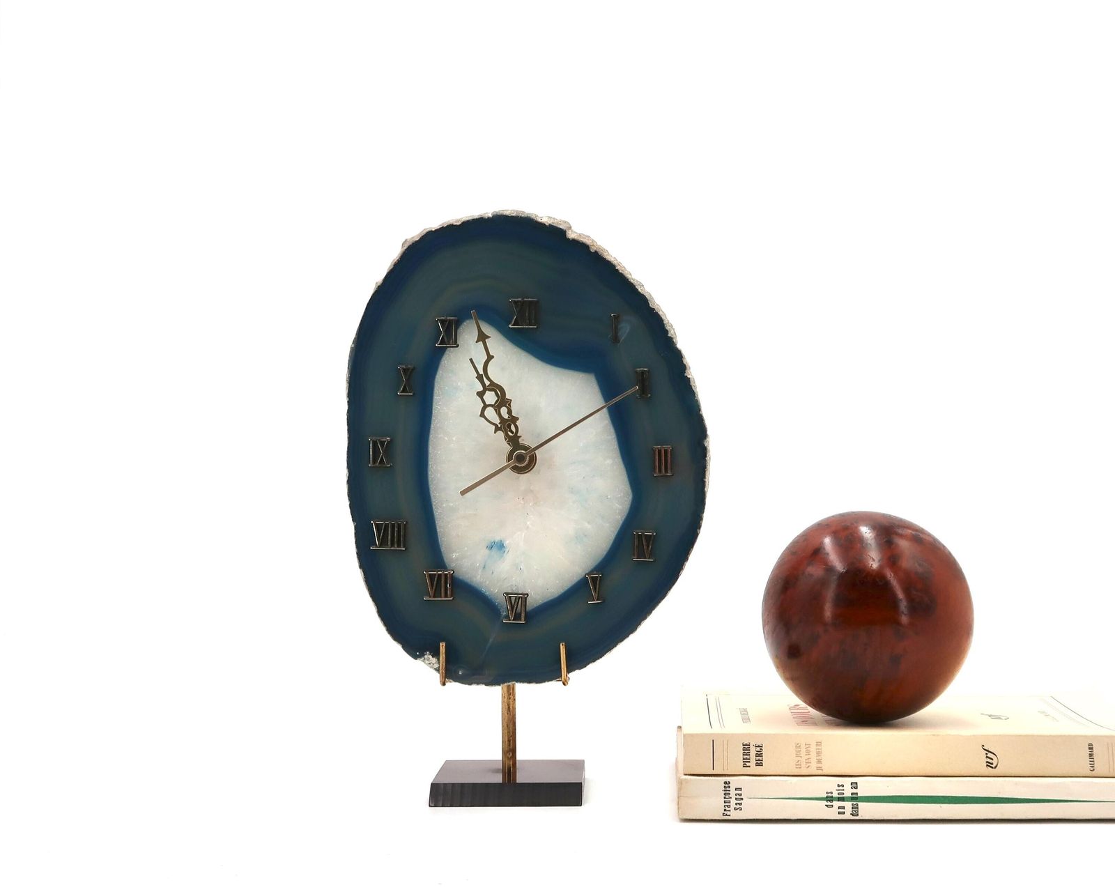 Desk Or Wall Blue Agate Slice Clock, 1970s / Cabinet Of Curiosities, Boho Chic, Bohemian, Folk, Mineral, Stone