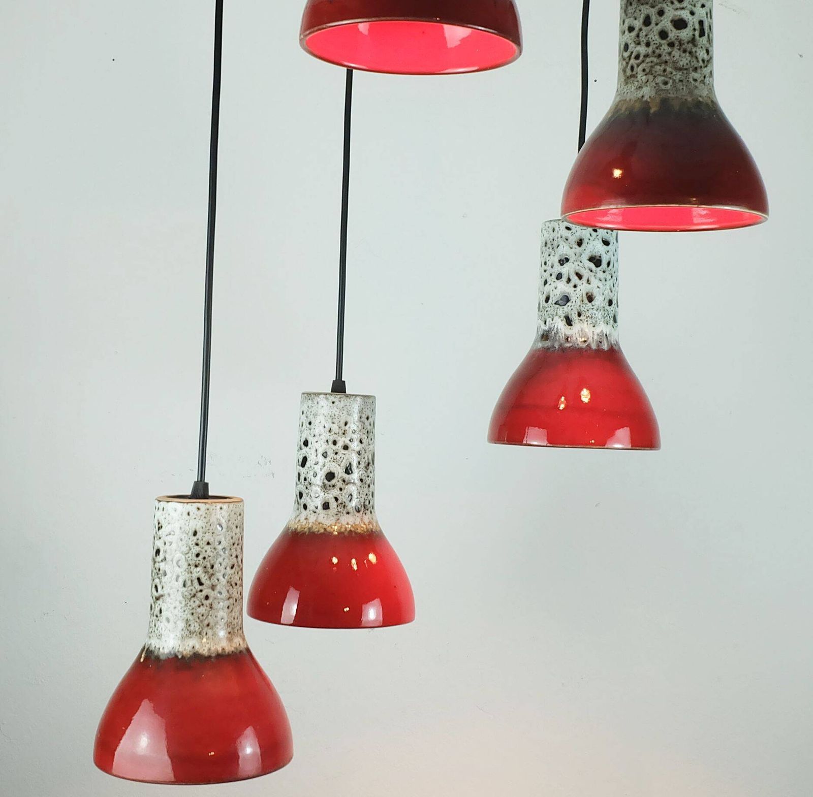 photo for sale 1970s Mid Century Pendant Light 5 Light Cascading Lamp With Fat Lava Cerami
