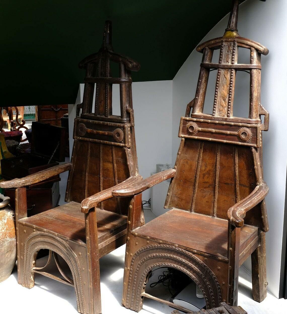 5995.0 Upcycled Handcrafted Bullock Cart Chairs (Pair) | Solid Wood From Punjab, India, Circa 1900 photo