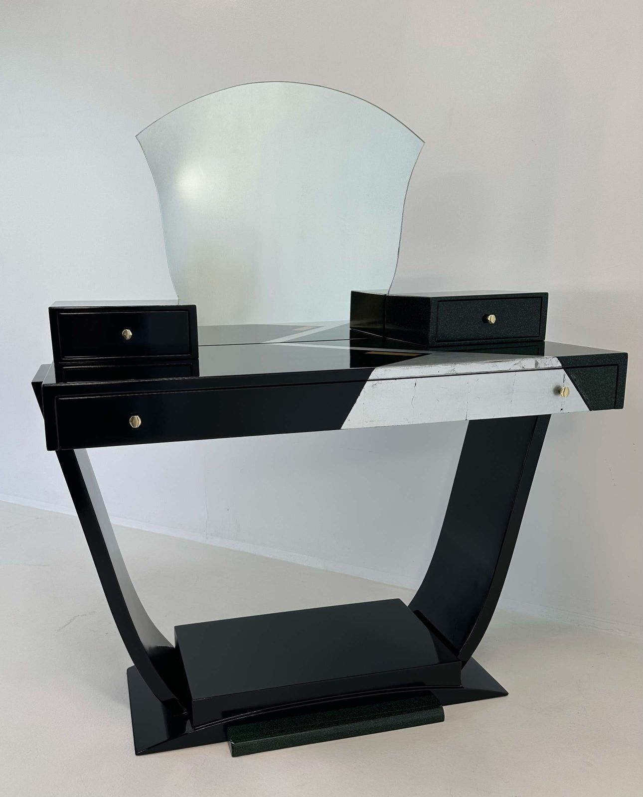 Italian Art Deco Black And Green Lacquer, Silver Leaf Vanity Table, 1970s photo for sale