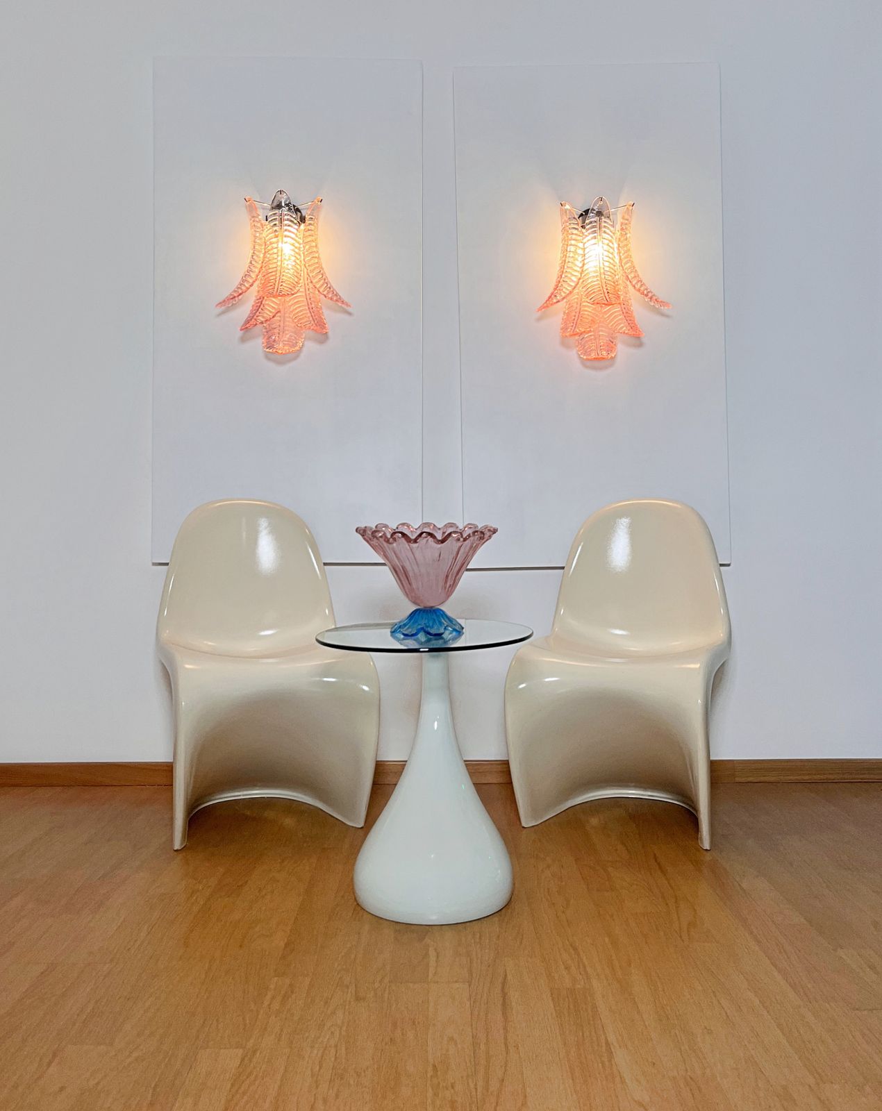 photo vinterior Pair Of Vintage Murano Pink Felci Glass Wall Sconces