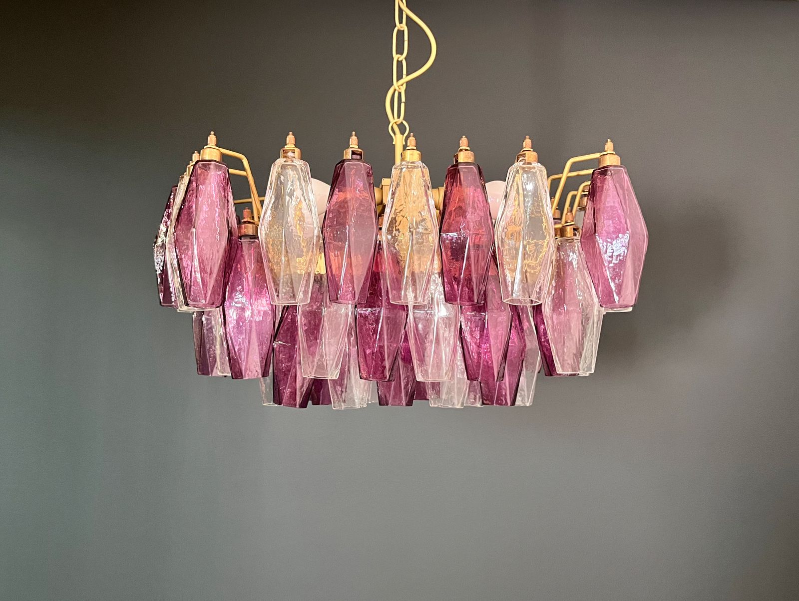 Elegant Murano Poliedri Chandelier   Carlo Scarpa   Clear And Amethyst Glasses