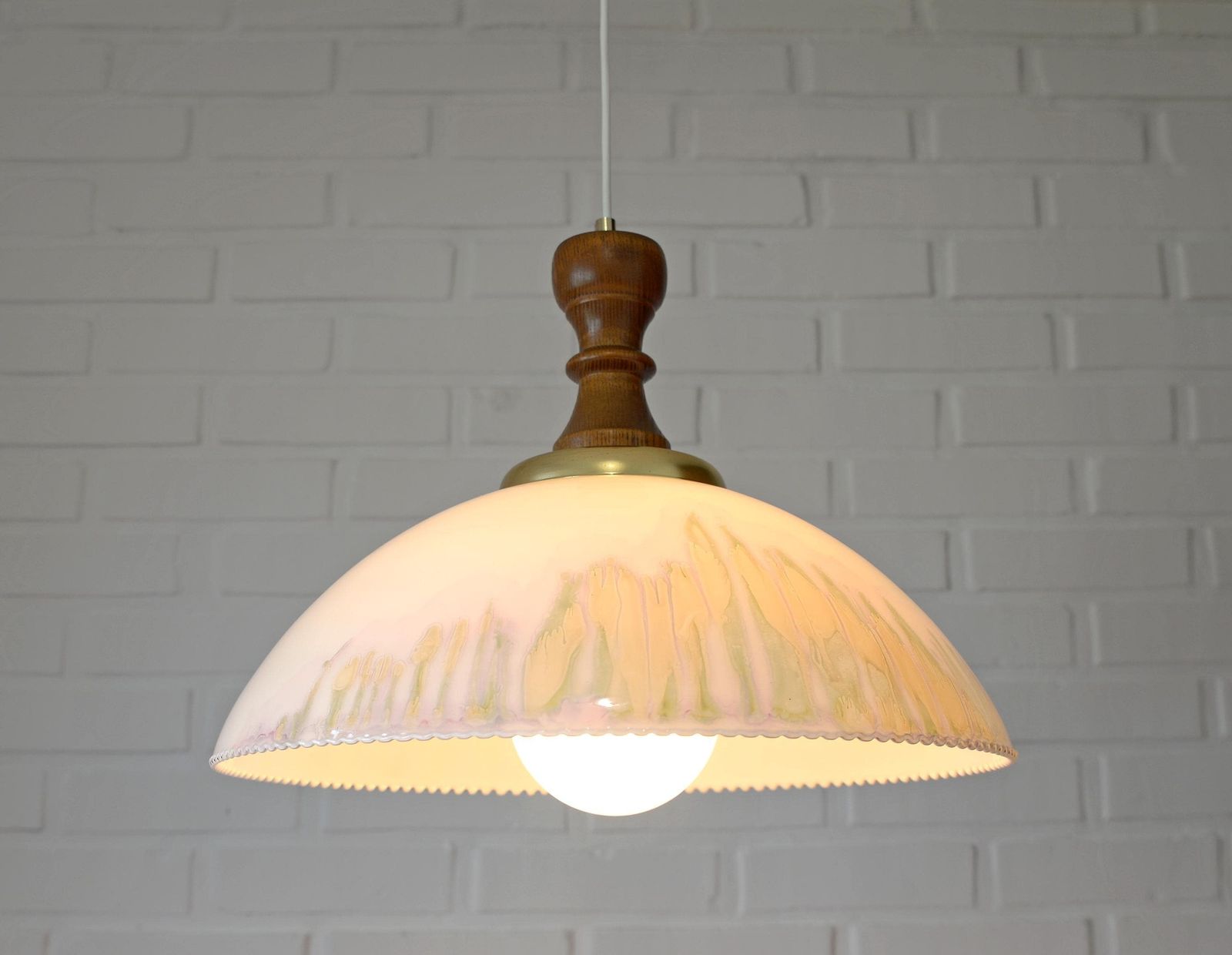 Vintage Pendant Light With Unique Glass Shade / Rustic Chandelier Made In Yugoslavia In The 1970's / Farmhous Dining Room Hanging Lamp