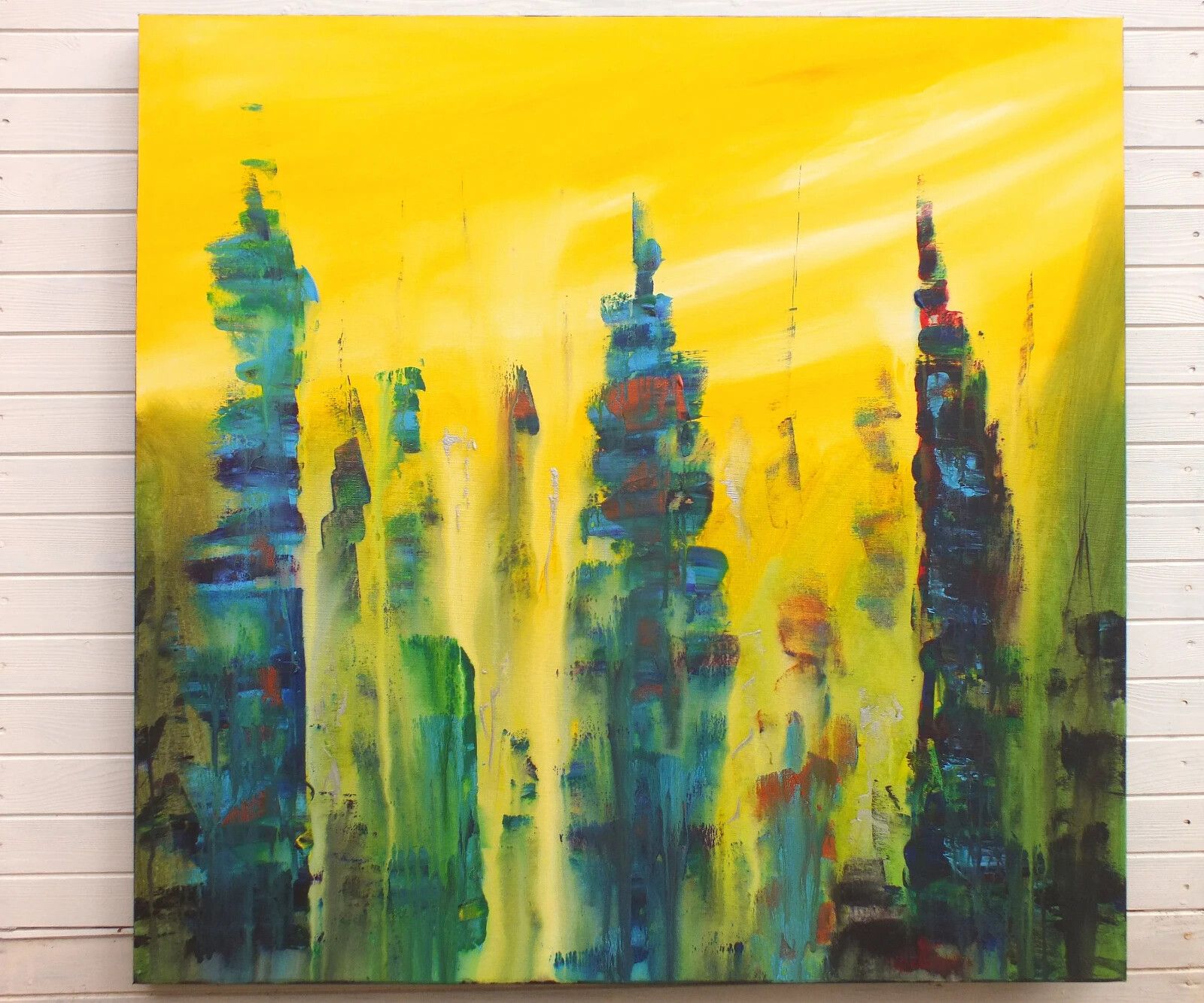Art Large Abstract Cityscape Painting City Spires Signed  James Lucas 90cm X 90cm photo