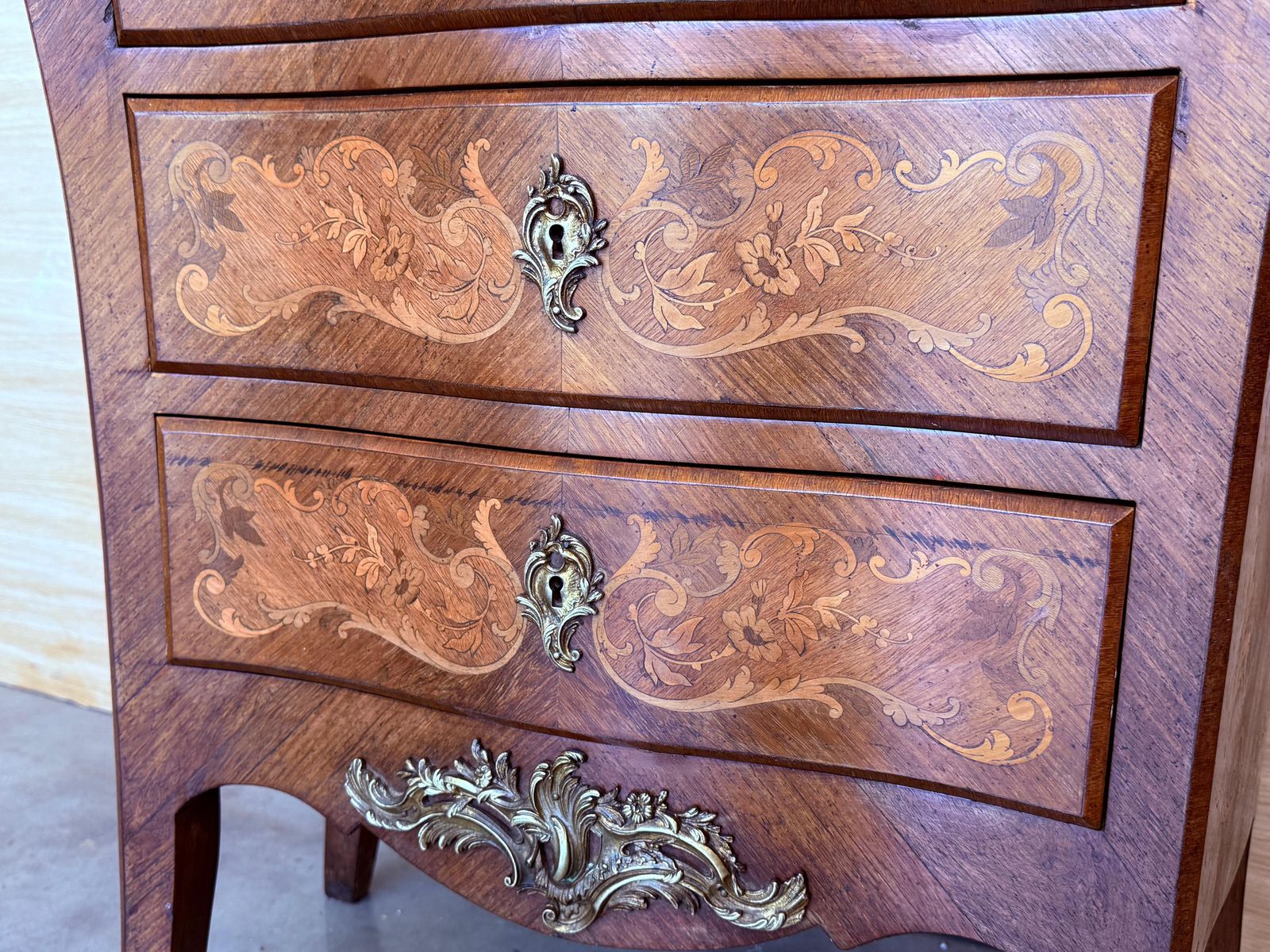 photo for sale 19th Century Bombe Marquetry Secrétaire à Abattant, Marble Top And Bronze Mounts
