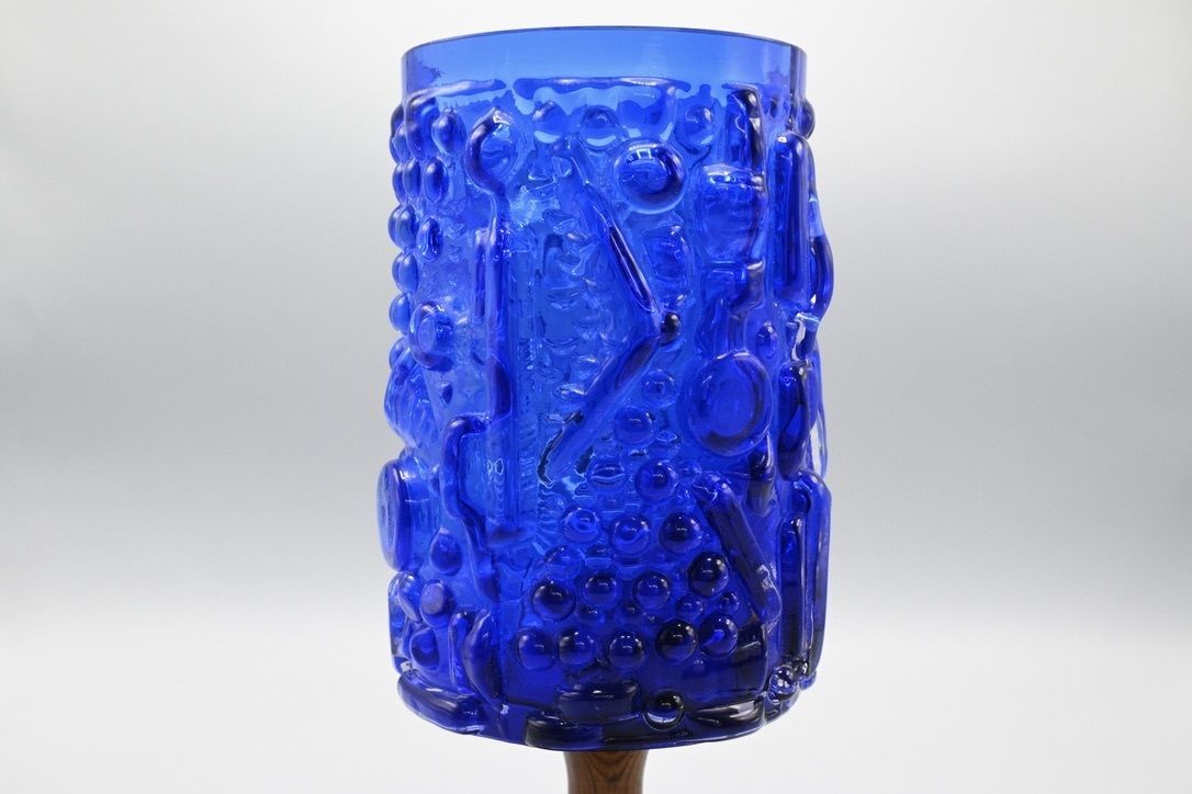 photo furniture Large Vintage Blue Glass Table Lamp With Wooden Foot By Josef Schott For Smalhandshyttan Glass, Sweden 1960s
