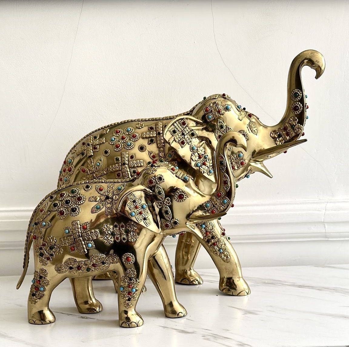 Pair Of Brass Elephant Sculptures With Semi Precious Stones photo Art