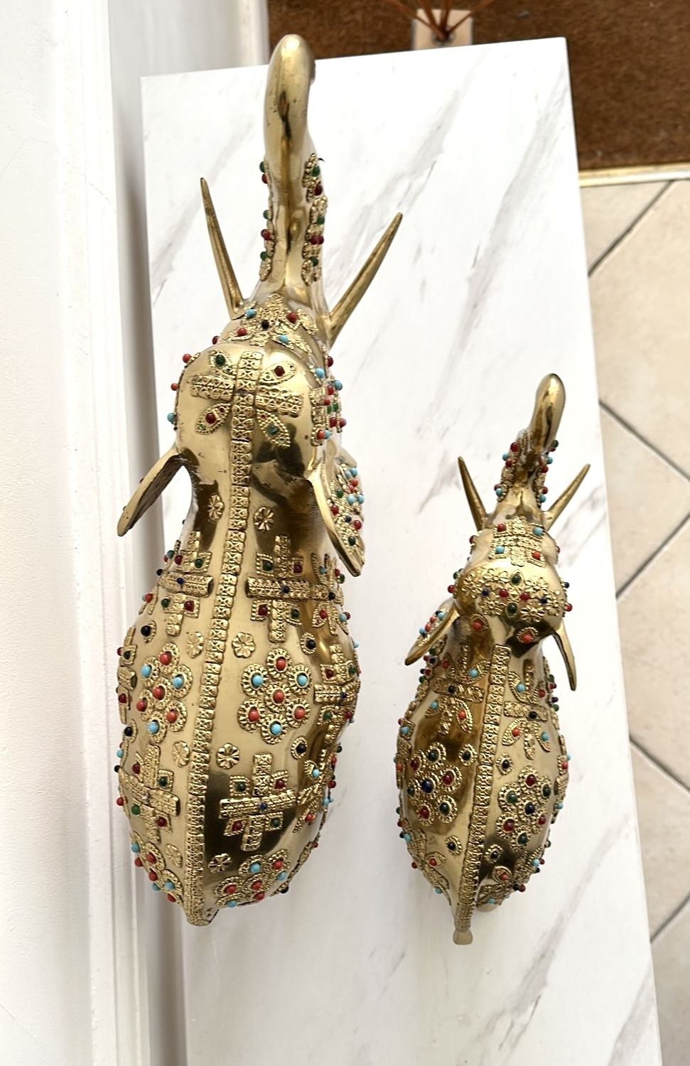 Pair Of Brass Elephant Sculptures With Semi Precious Stones photo 490.0