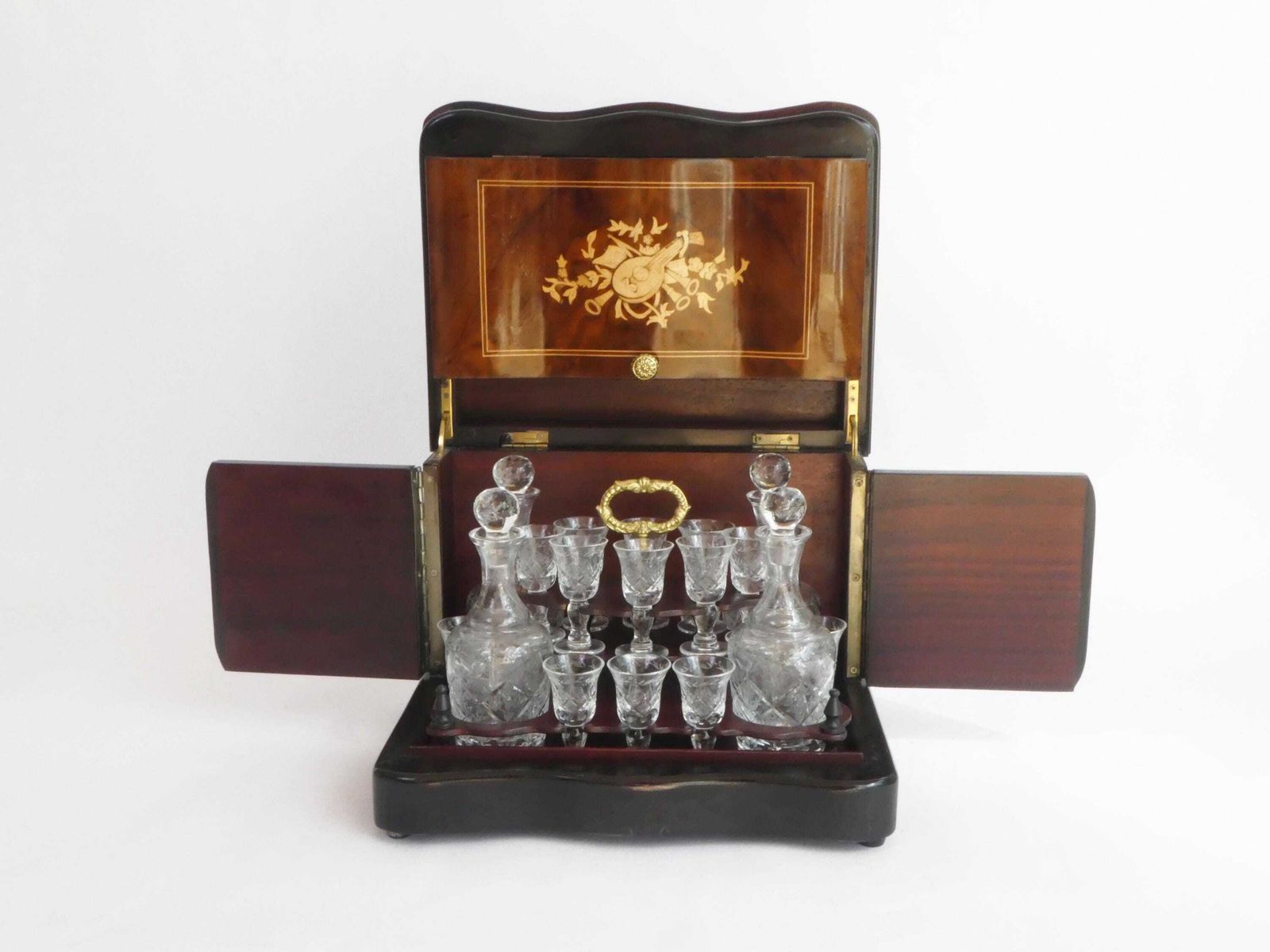 French Napoleon III Tantalus With Crystal Glassware, Antique Wooden Walnut Inlaid Liquor Cabinet, Cellar With Guitar Figure