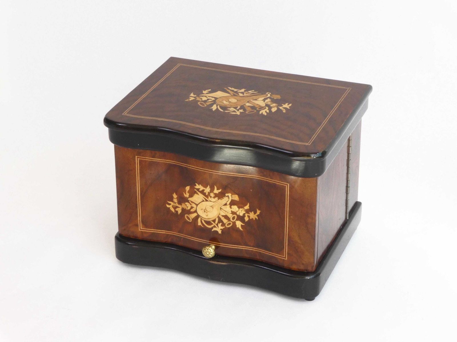 French Napoleon III Tantalus With Crystal Glassware, Antique Wooden Walnut Inlaid Liquor Cabinet, Cellar With Guitar Figure photo furniture